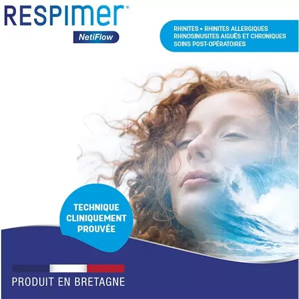 Refis para irrigação nasal Respimer Netiflow com água do mar, pacote com 3 unidades de 16 sachês cada.