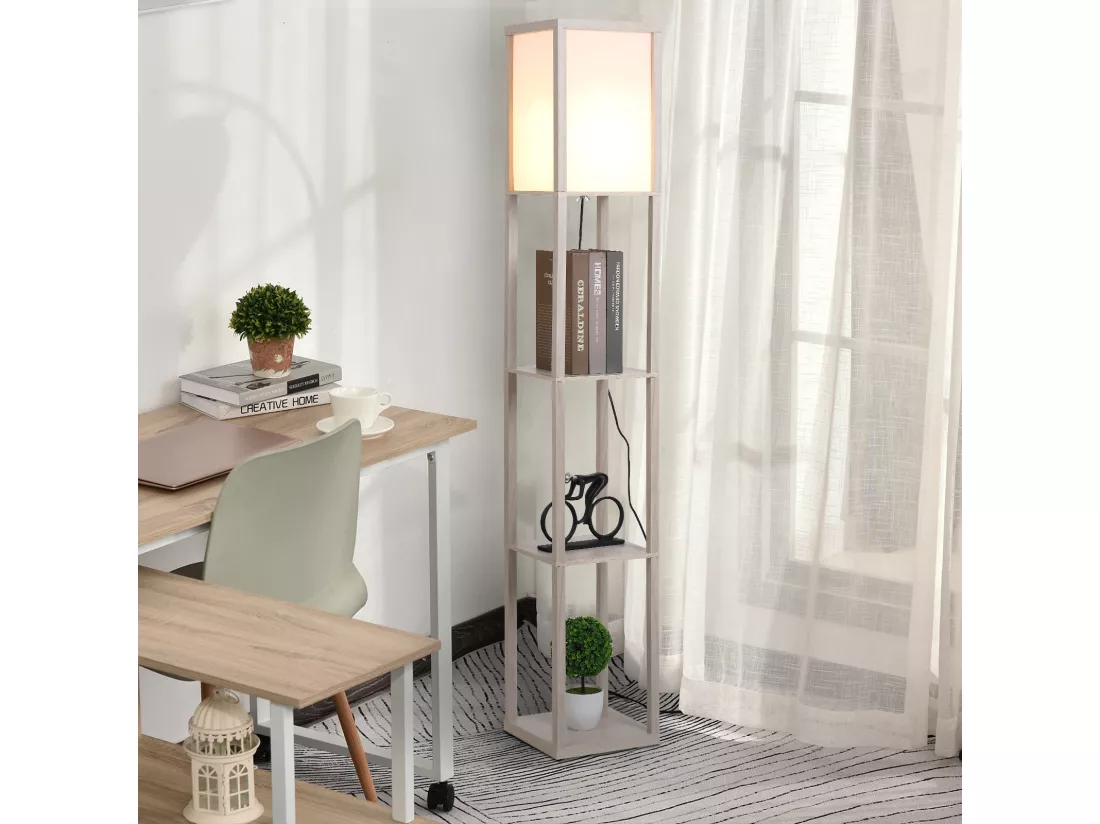 Lampadaire étagère lampe étagère 26L x 26l x 160H cm 3 étagères 4 niveaux MDF gris clair