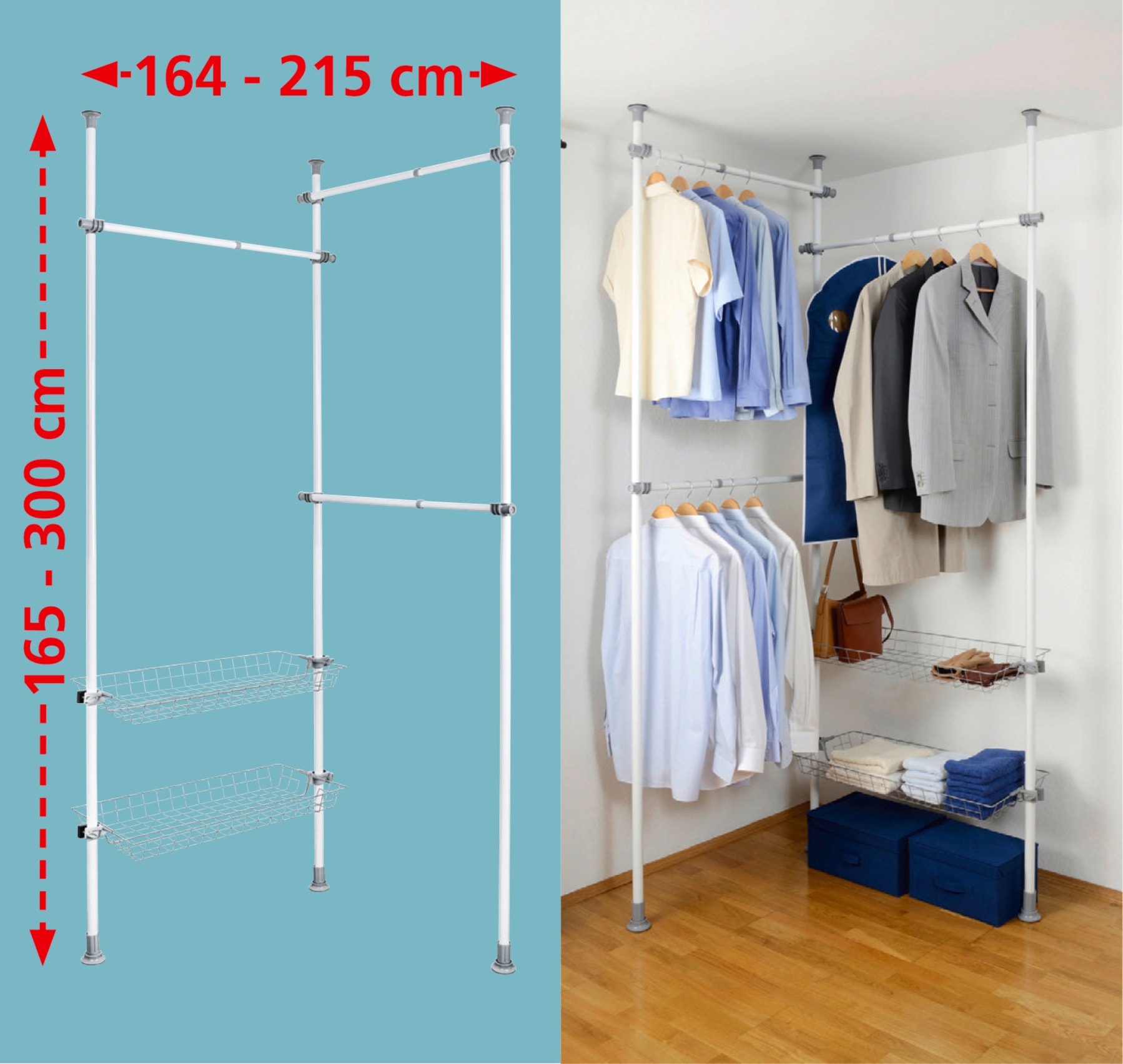 WENKO Teleskopregal »Modell Herkules Duo« zum Klemmen ohne Bohren, verstellbar, mit 3 Kleiderstangen & 2 Körben