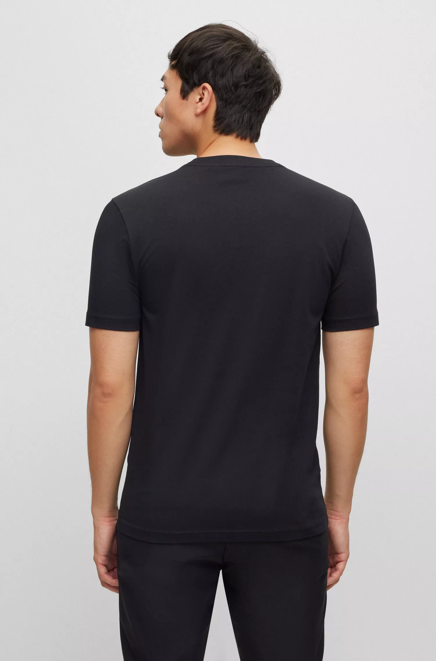 Camiseta BOSS verde de gola redonda em algodão elástico com estampa do logotipo.
