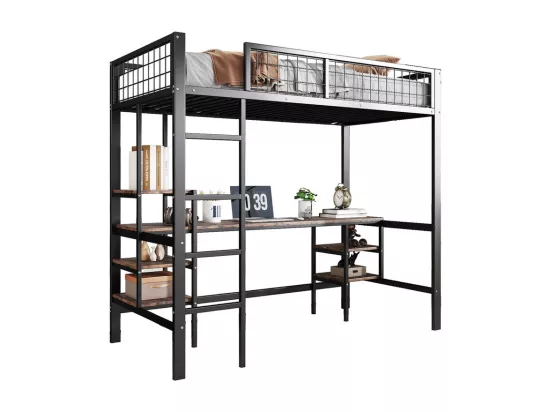 Lit mezzanine 90x200cm - avec table + étagère - avec échelle à quatre marches - fer + panneaux de particules - noir (sans matelas)