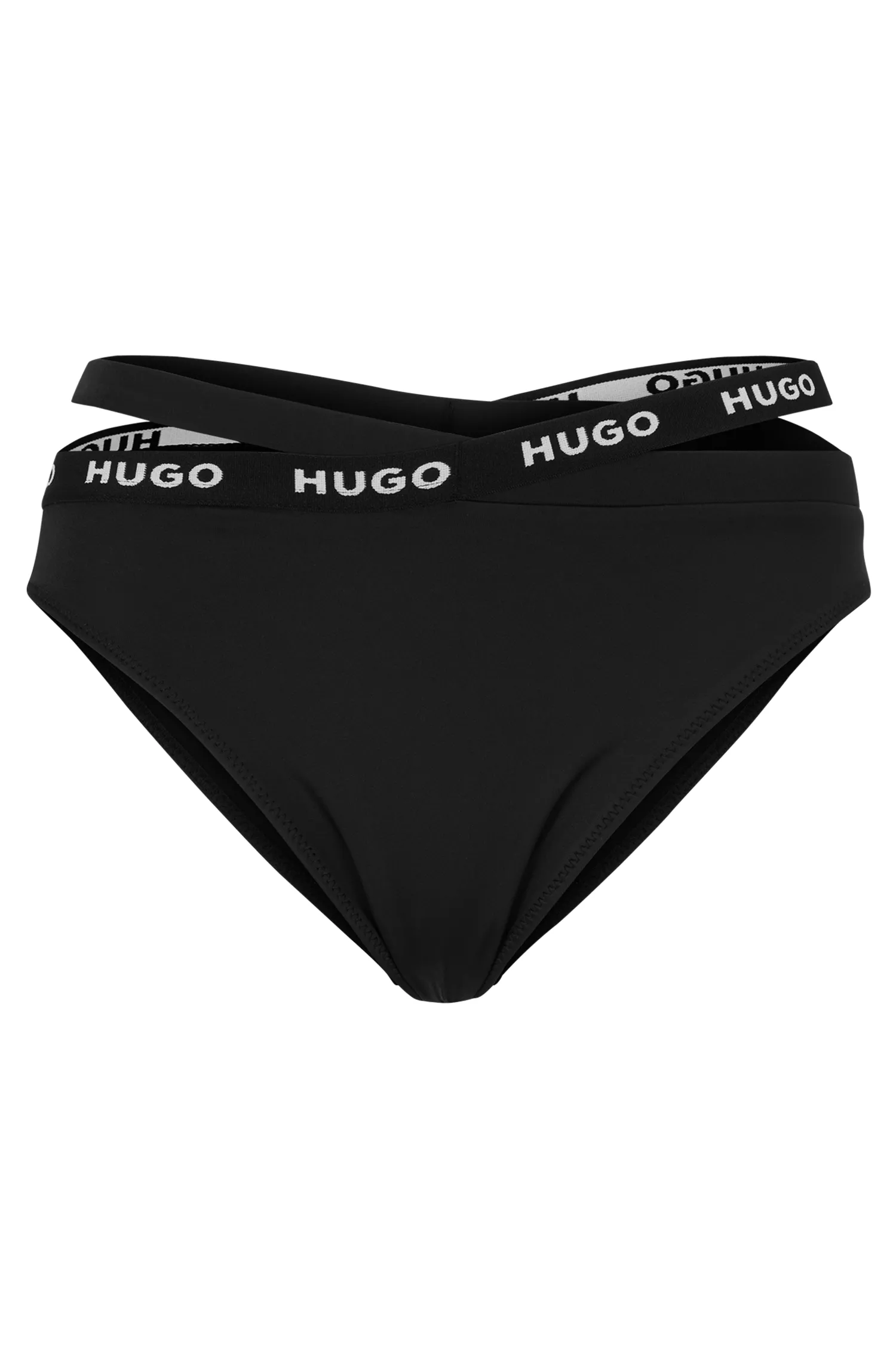 Calcinha de biquíni esportiva HUGO vermelha com fita da marca e detalhes vazados.