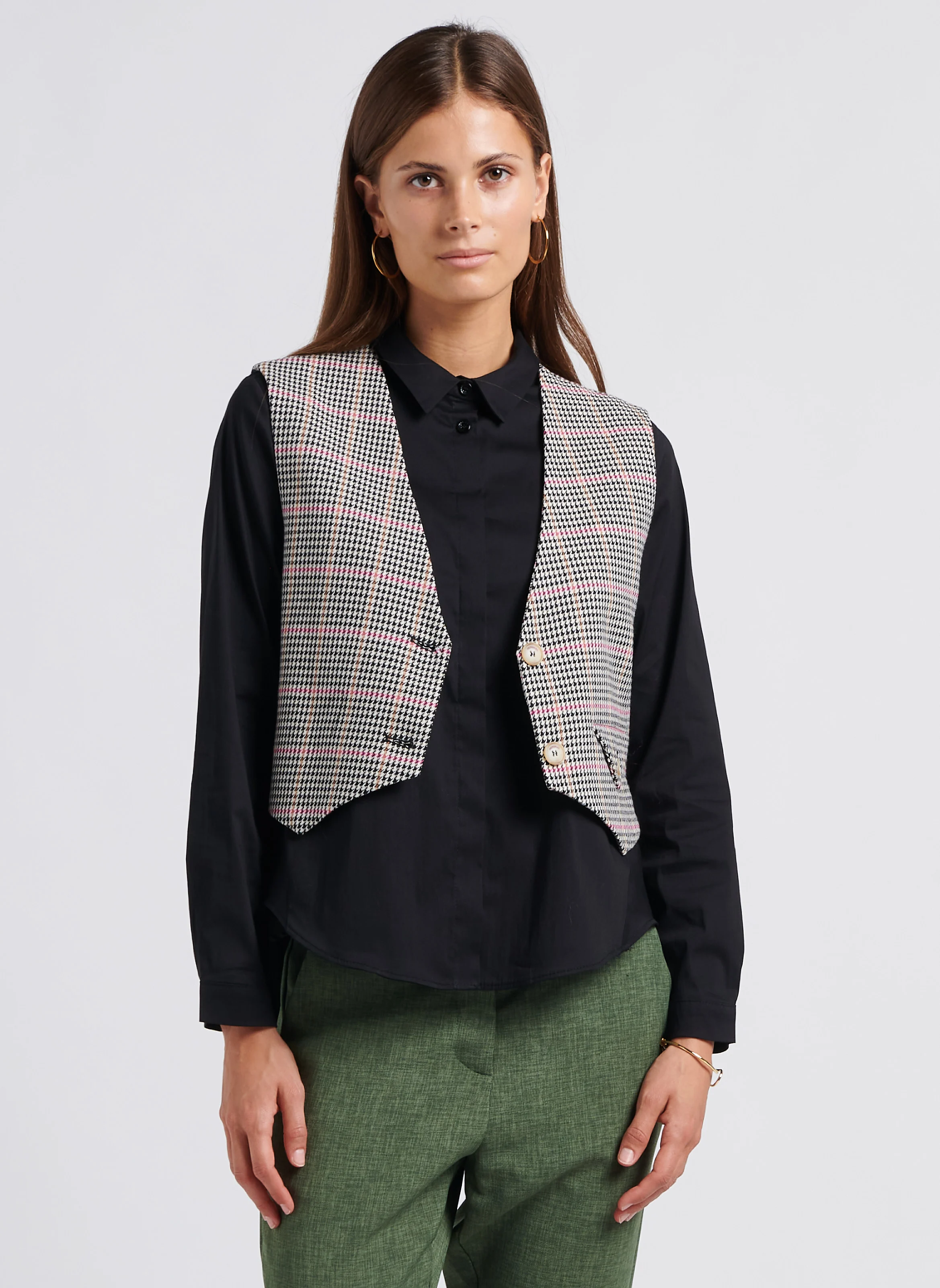 Veste col V à motifs pied de poule en coton mélangé| Beige