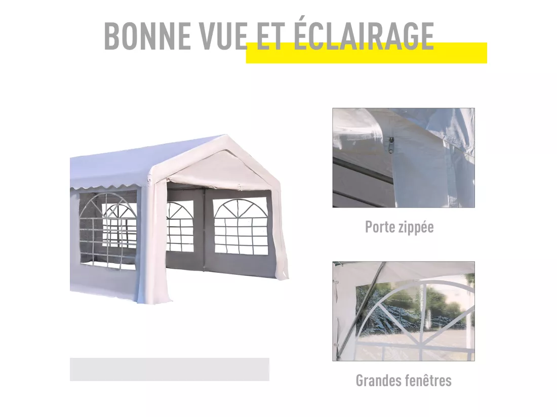 Tente de réception tonnelle de jardin 4 parois amovibles portes zippées idéal pour fête mariage soirée 6 x 4 x 2,8 m acier toile polyéthylène 180 g/m² blanc
