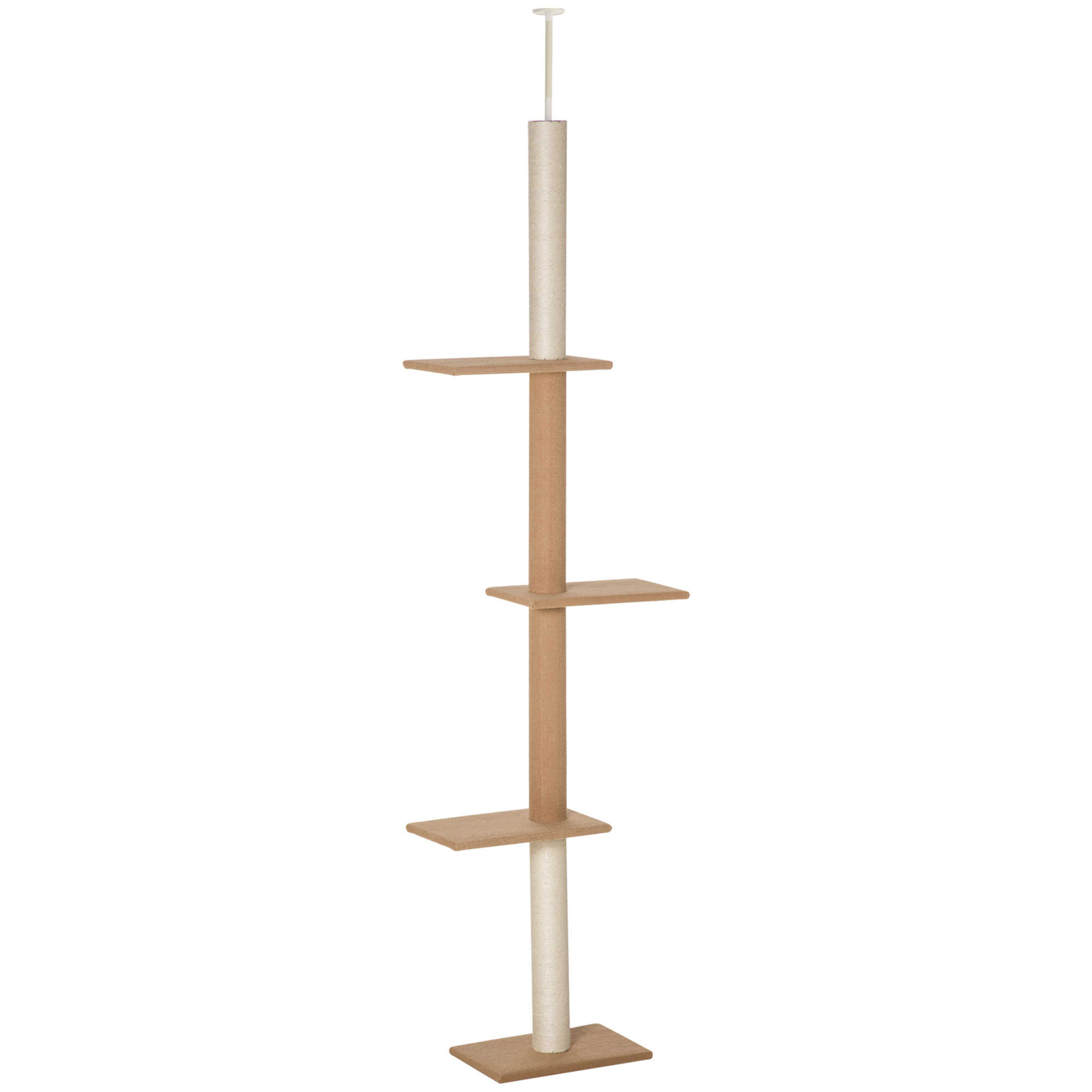 Árvore para gatos PawHut do chão ao teto, 43x27x228-260 cm, com altura ajustável, 4 plataformas espaçosas e poste de sisal marrom.