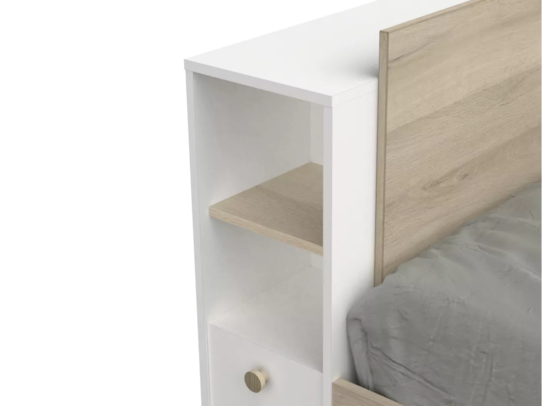 Lit modulable 90 x 190/200 cm avec rangements - Blanc et naturel + Sommier - LIARA
