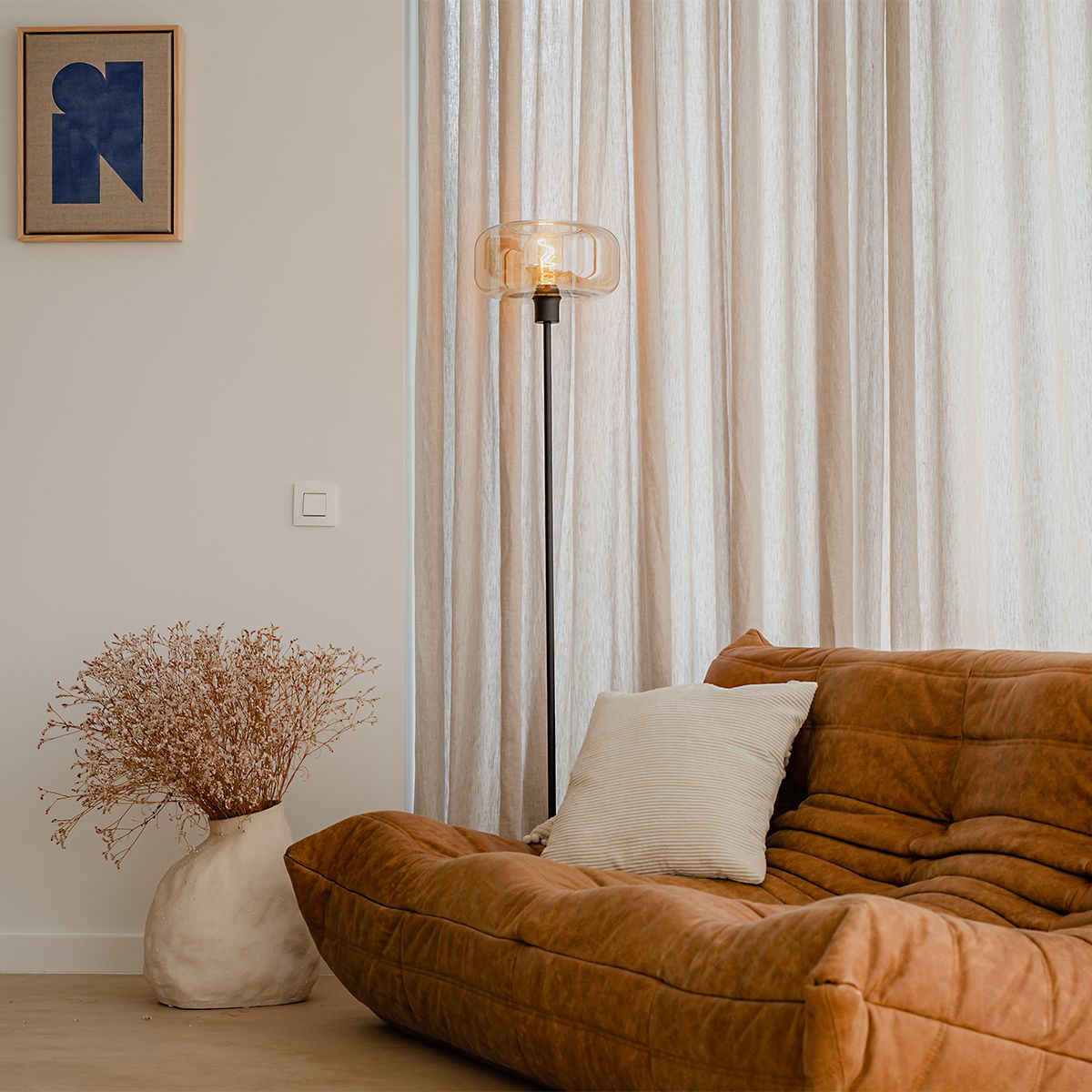 Art deco vloerlamp zwart met amber glas - Bizle