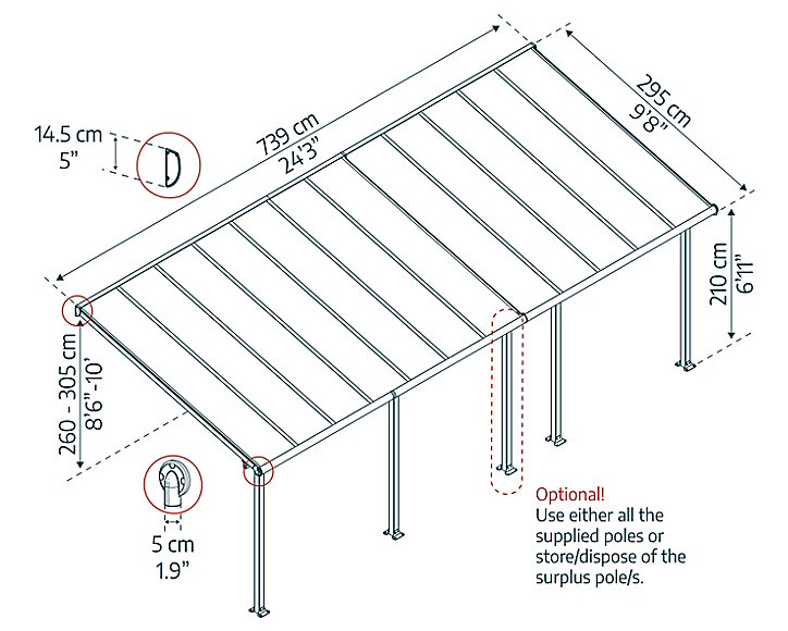 Pergola adossée Olympia 3 x 7,30m gris