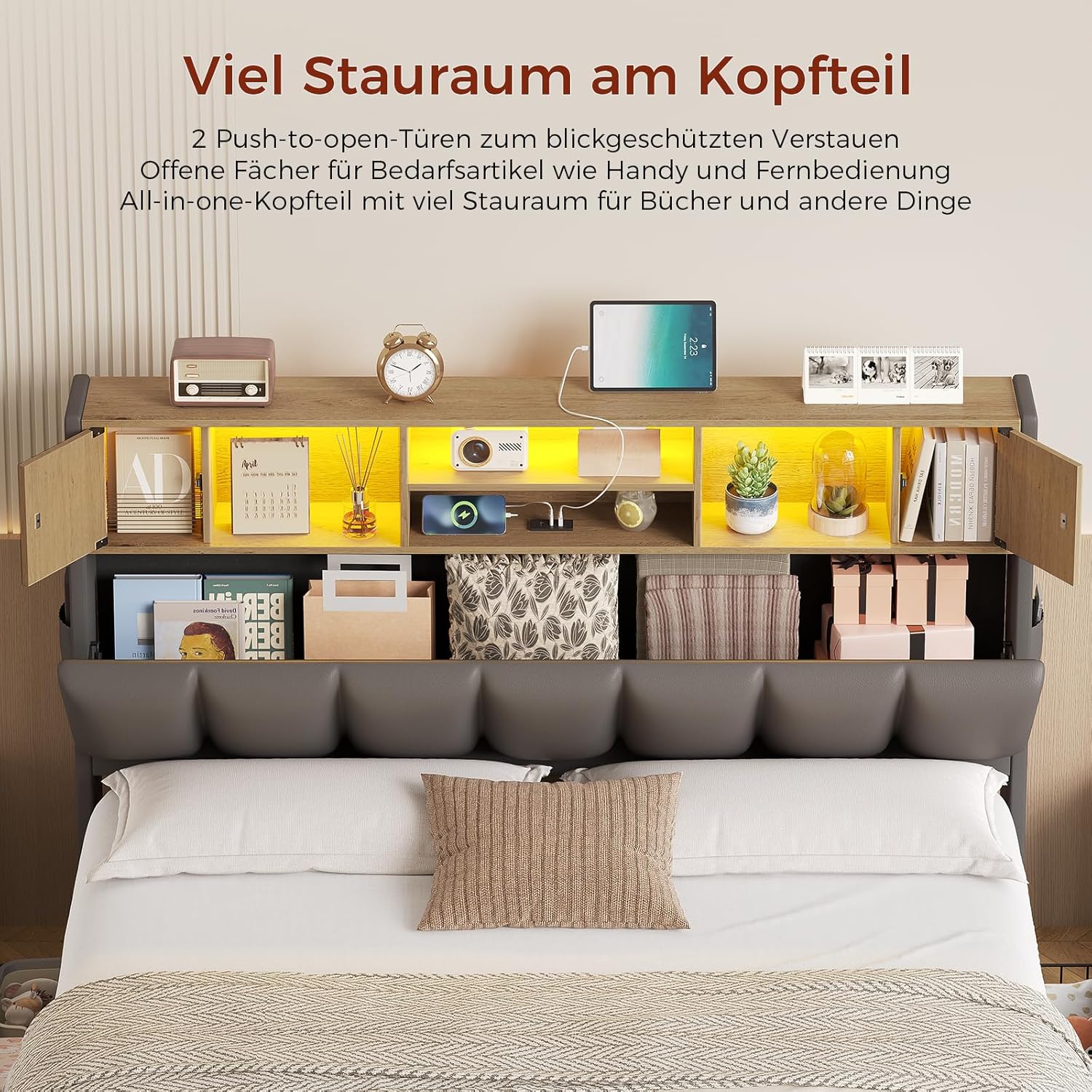 Bett 160x200 cm, Doppelbettgestell, Bett mit LED-Beleuchtung, Polsterbett, 4 Schubladen, Ladestation, Metallrahmen & Holzkopfteil mit Stauraum, für Schlafzimmer, Gästezimmer, Grau