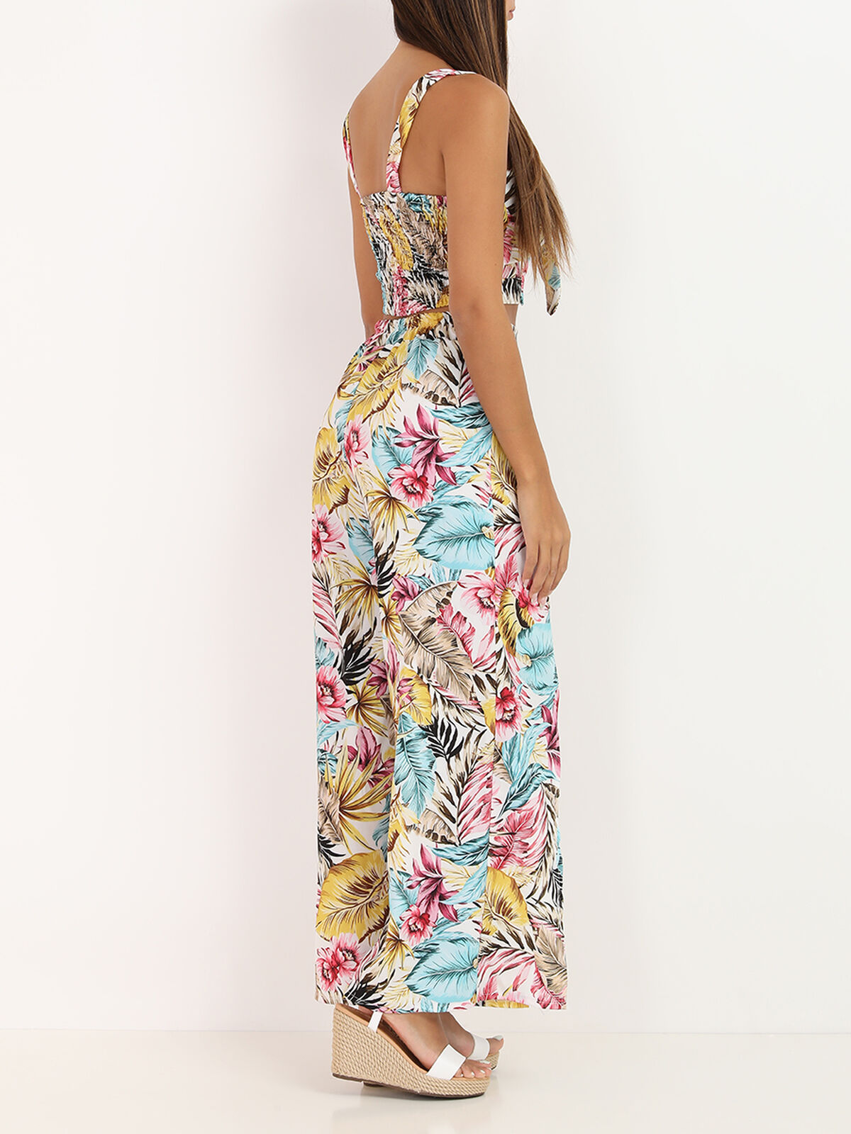 Ensemble top pantalon à motif tropical- Blanc