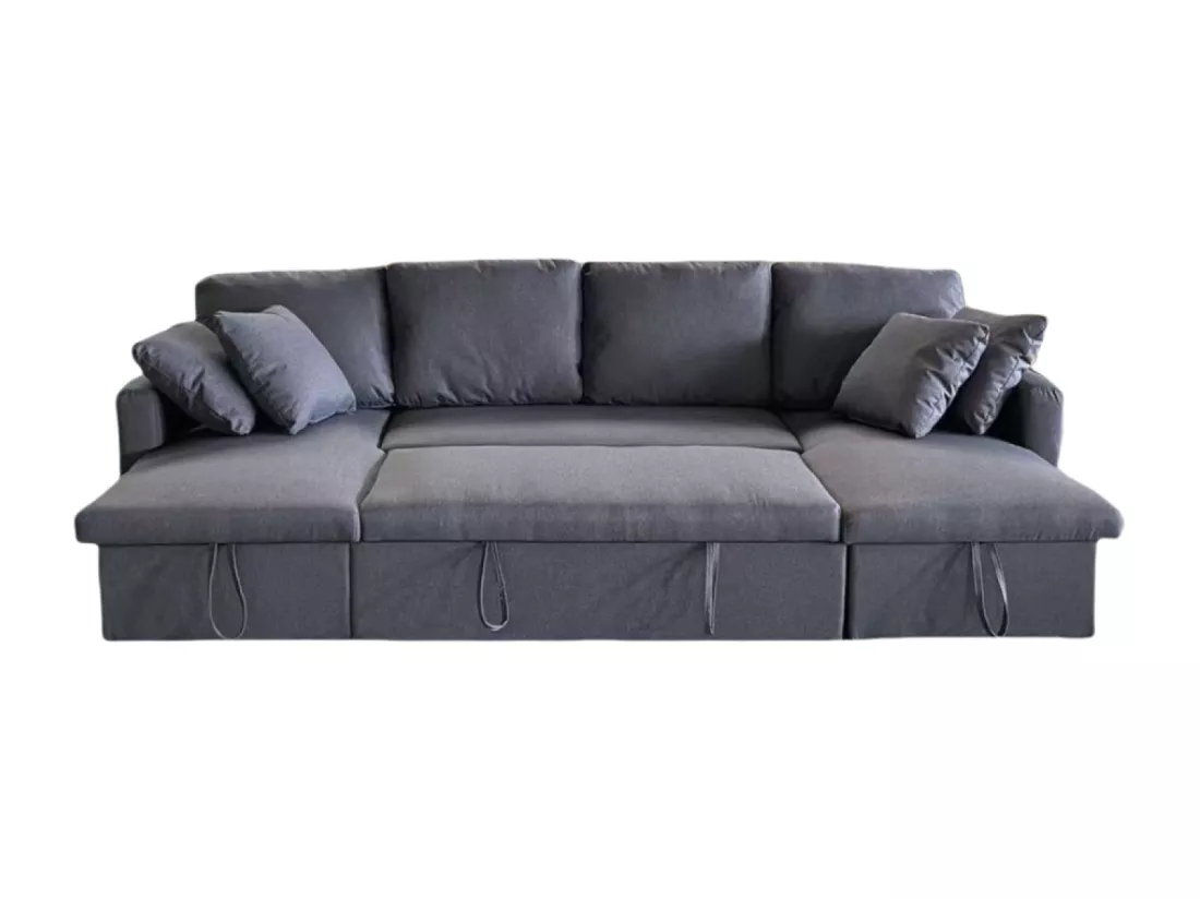 Canapé panoramique convertible avec coffre 4 places en tissu MAHÉ - gris foncé