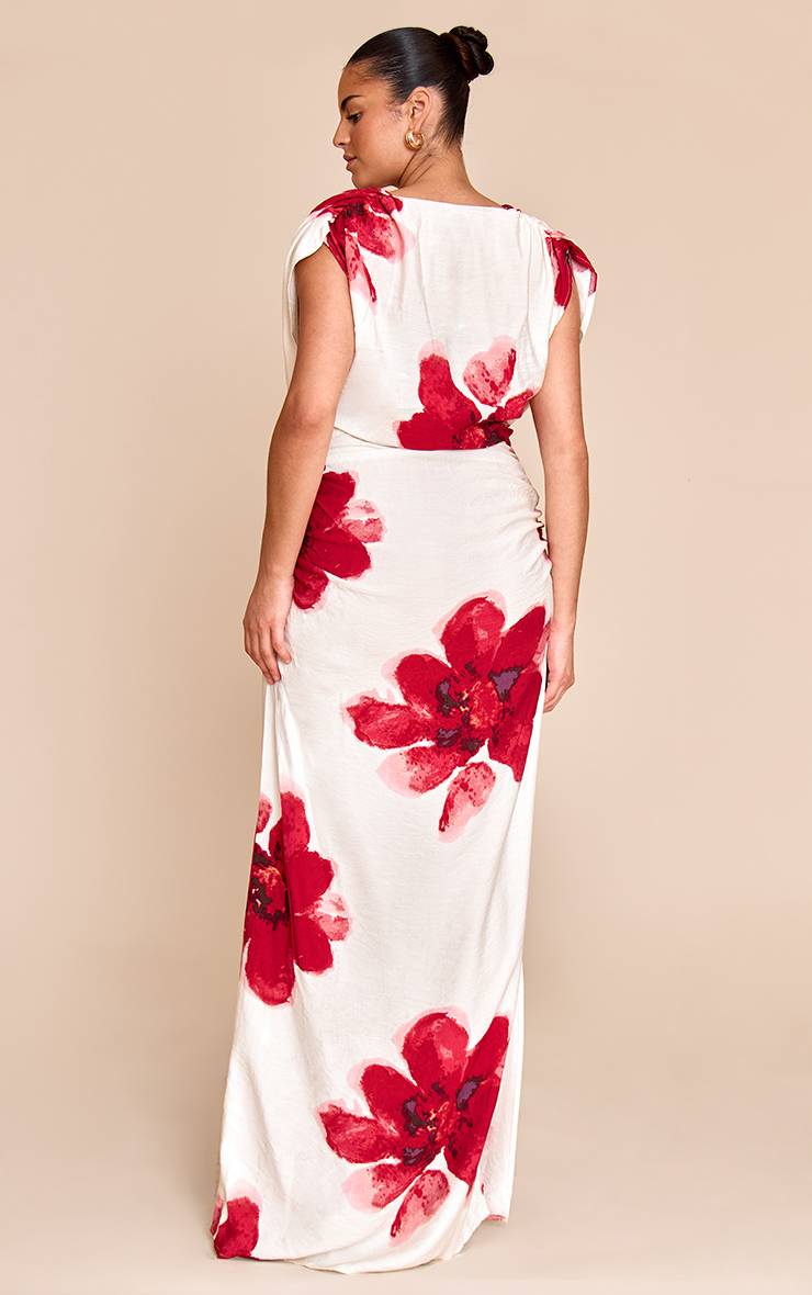 Rouge Robe Maxi Grande Taille À Imprimé Avec Détail Drapé Froncé Et Col Bénitier Extrême