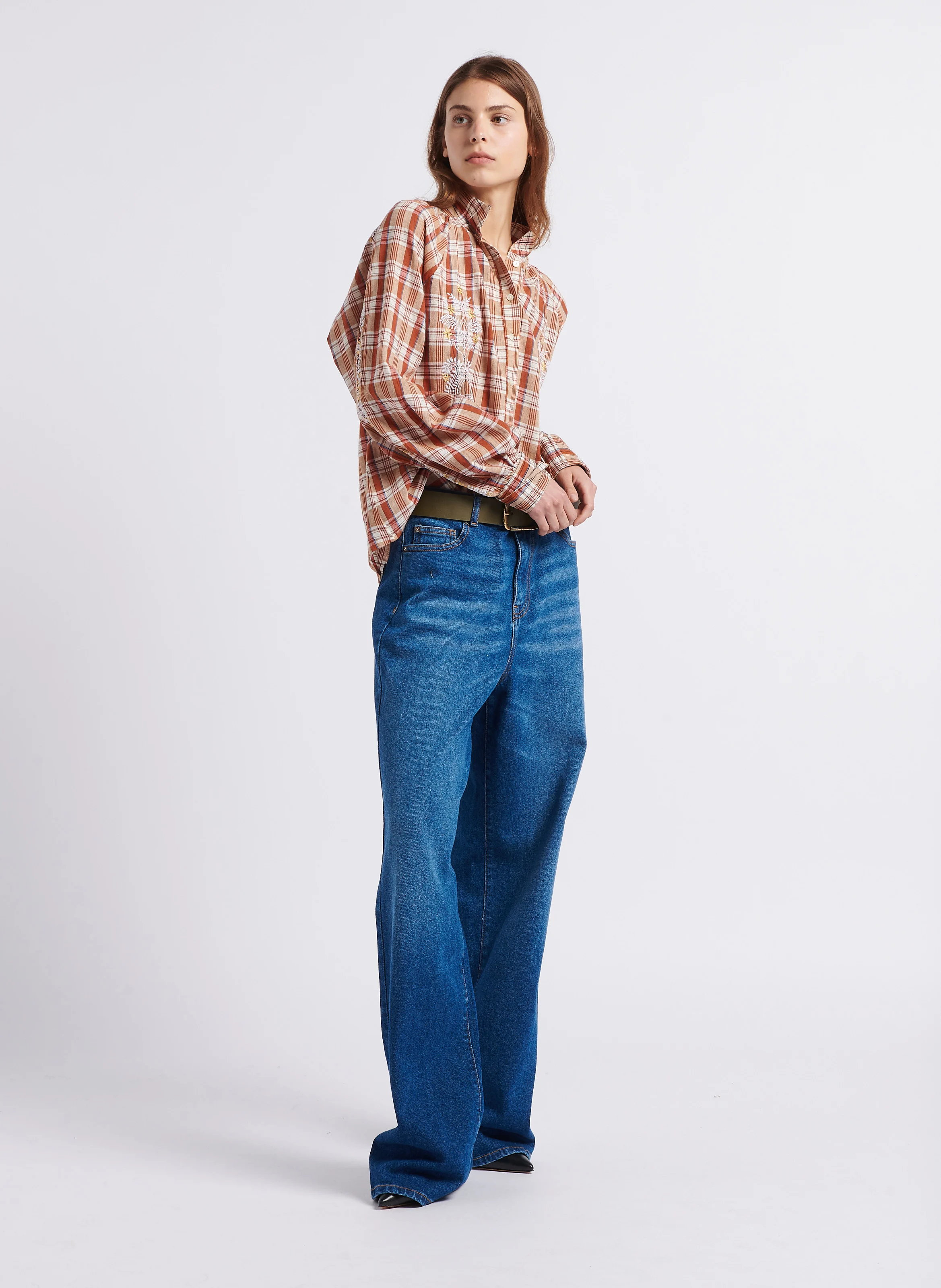 SURPRISE - Blouse col montant à carreaux en coton | Marron