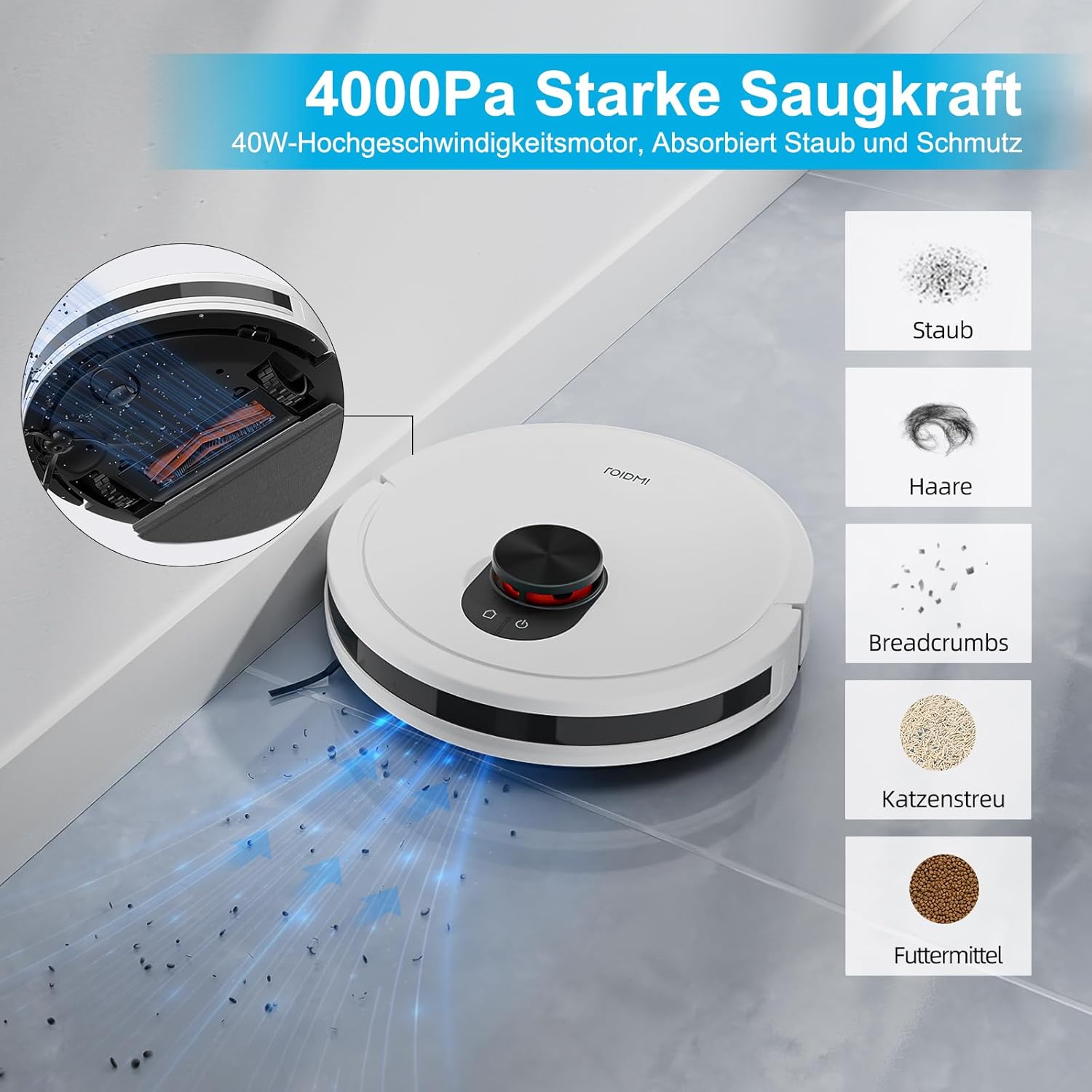 ROIDMI EVE CC Saugroboter mit Wischfunktion, 2.5L Automatischem Schmutzbehälter Kehren Saugen Wischen 2 in 1 Saugroboter, 4000Pa Laser Navigation Staubsauger Roboter