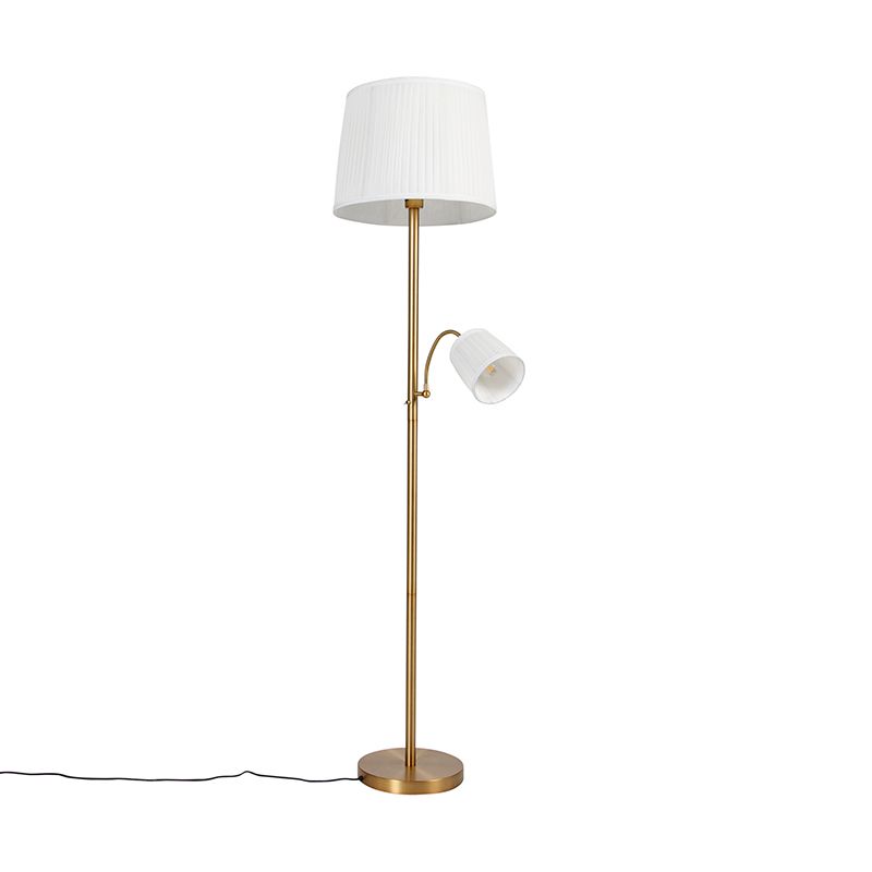 Klassieke vloerlamp brons stoffen kap wit met leeslamp - Retro