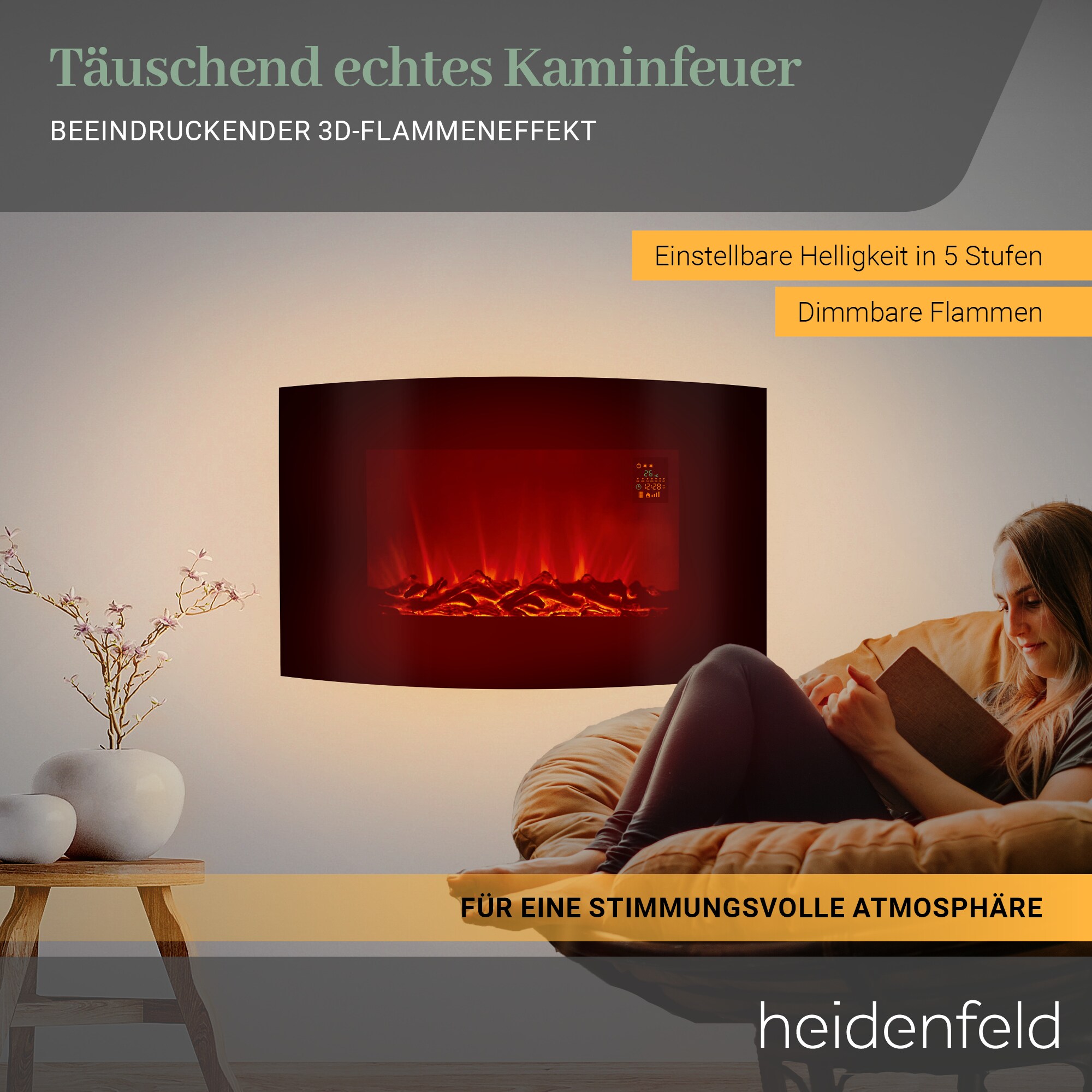 Heidenfeld Elektrokamin HF-WK100, Wandkamin Flat / Curved, Heizfunktion, Thermostat, Fernbedienung (WK100C flach Steinoptik)