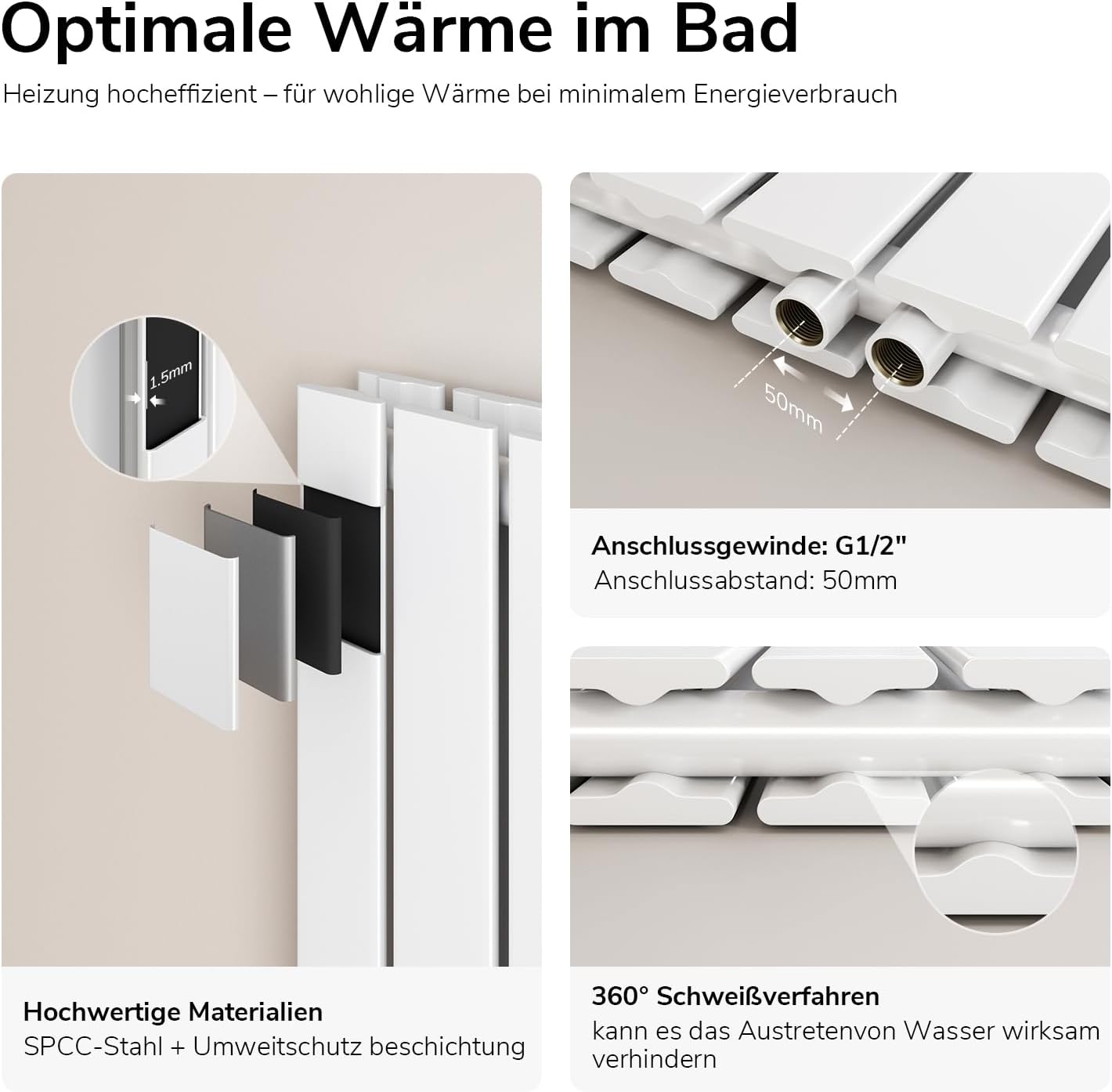 EMKE Design Heizkörper Schmal Hoch 1800x304 mm Vertikal Flachheizkörper mit Mittelanschluss, Doppellagig Paneelheizkörper Wandheizkörper für Bad, Schlafzimmer & Wohnzimmer, Weiß 1082W