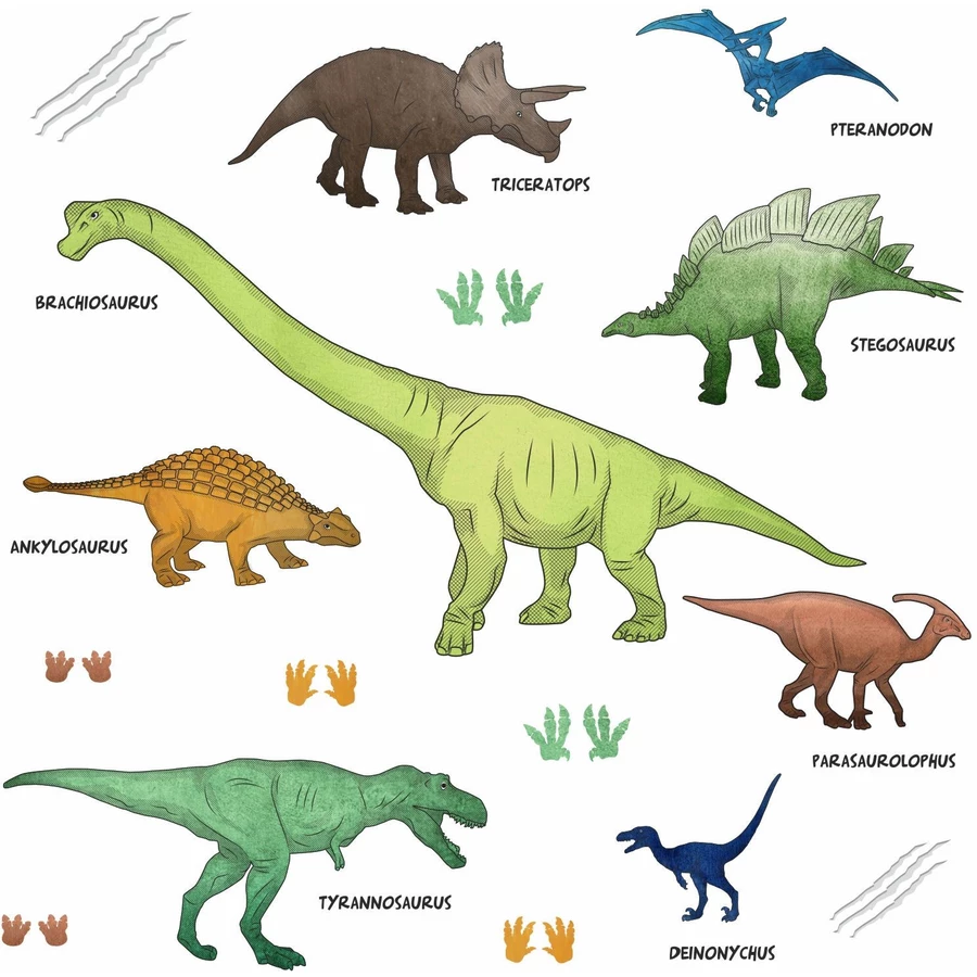 Nikima Wandtattoo 170 Dinosaurier T-Rex, Triceratops, Stegosaurus in 6 vers. Größen grün