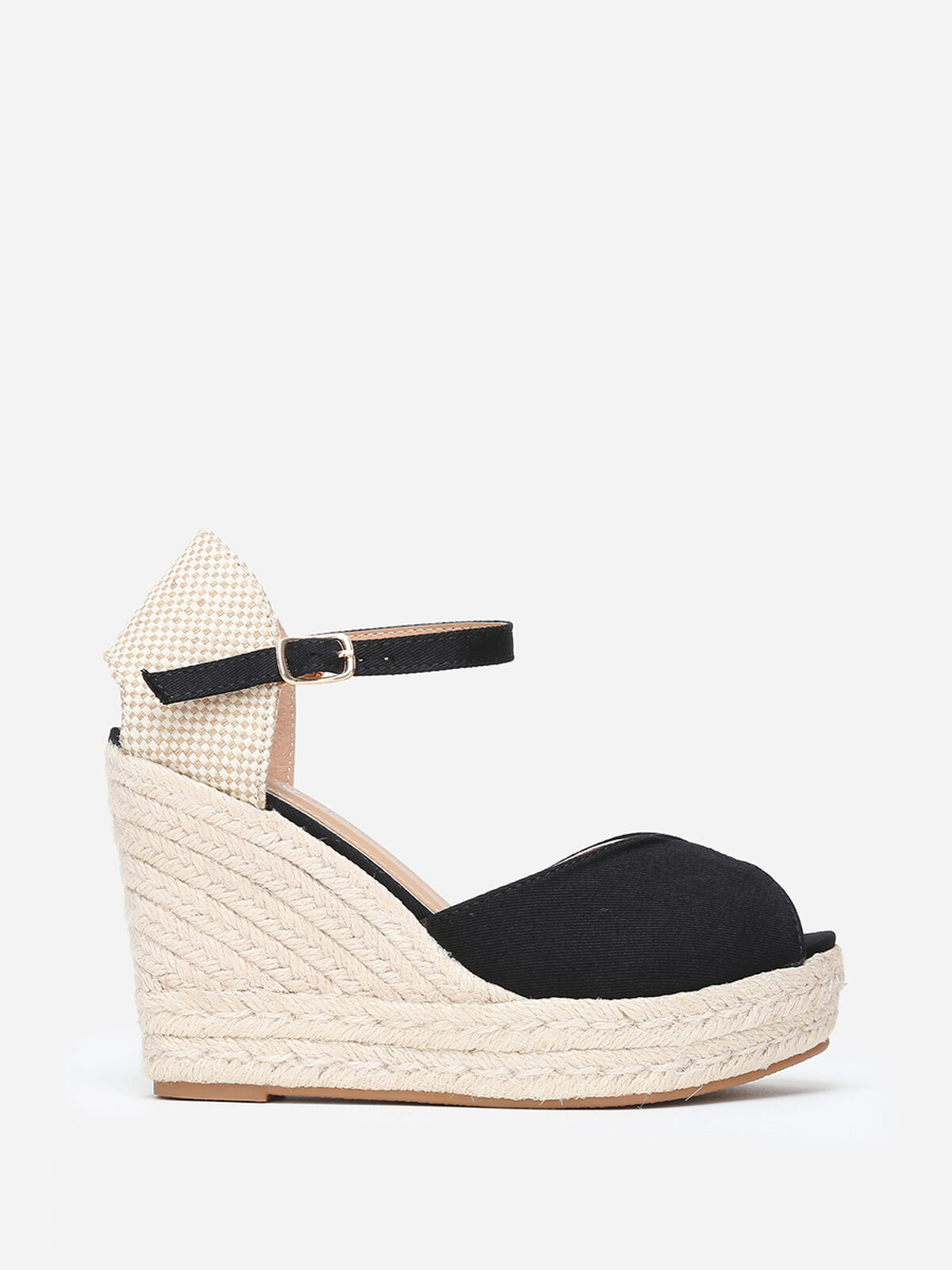 Espadrilles compensées peep toes en toile- Noir