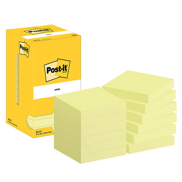 Blocs Post-it® 76 x 76 mm classique coloris jaune, lot de 12