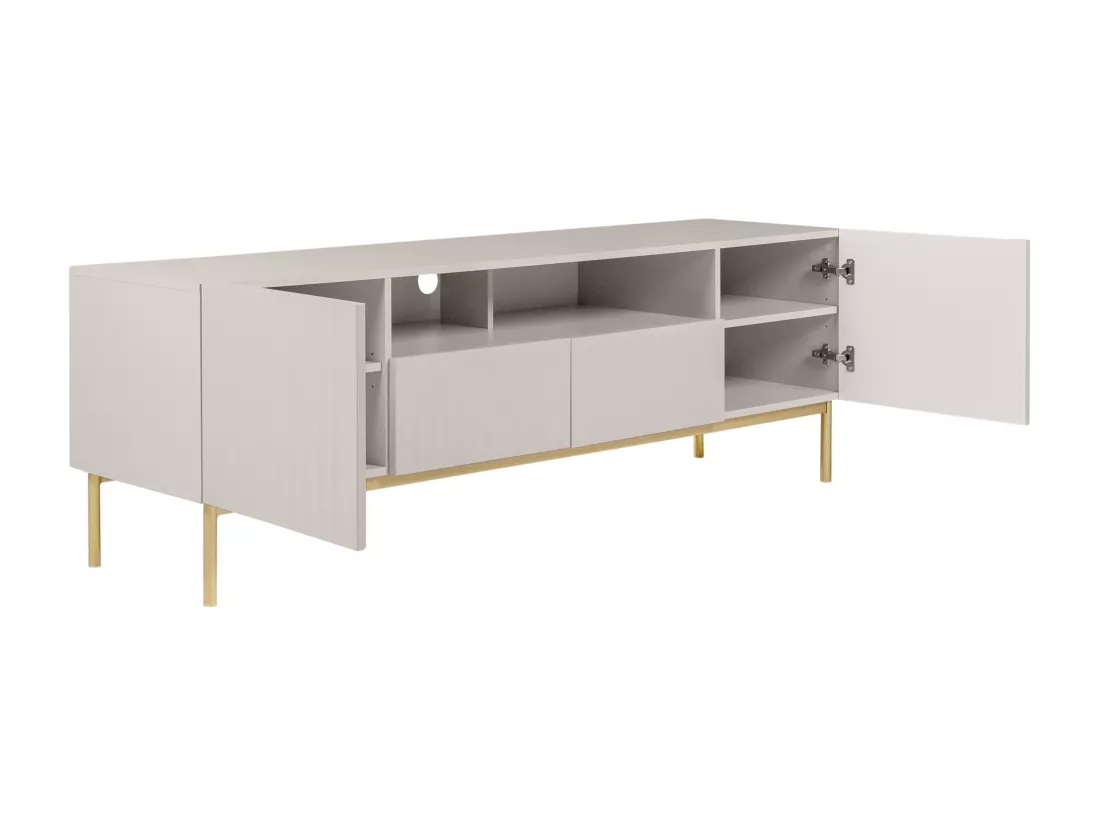 Meuble TV avec 2 portes, 2 tiroirs et 2 niches en MDF et acier - Beige et doré - EVILANA