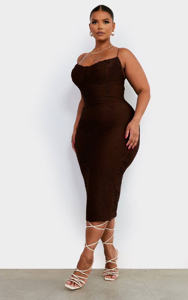 Chocolat Robe Midi Texturée Grande Taille À Bretelles