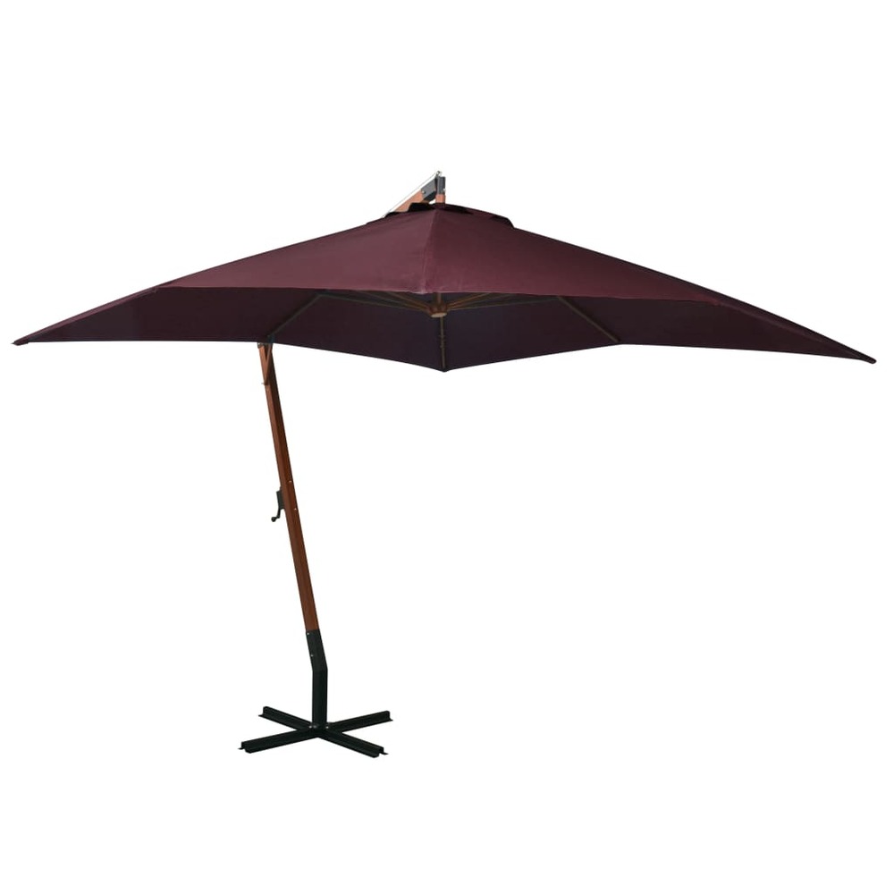Parasol suspendu avec mât rouge 3 x 3 m bois de sapin bordeaux