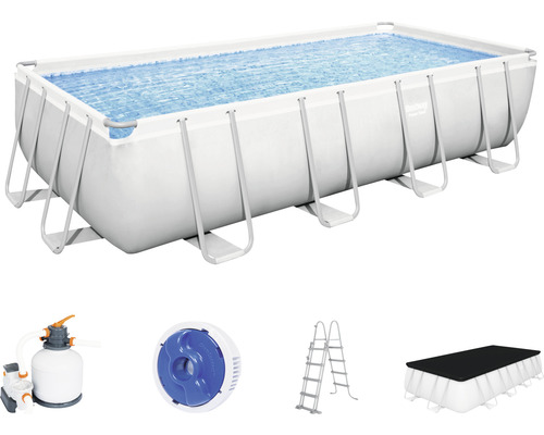 Bovengrondse frame zwembadset Bestway Power Steel™ rechthoekig 549 x 274 x 122 cm inclusief zandfiltersysteem, ChemConnect chemicaliëndispenser, ladder & afdekking grijs