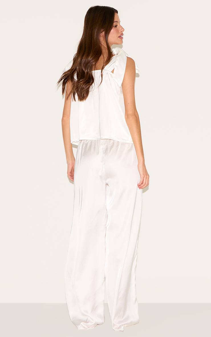 Blanc Ensemble Pyjama Long Caraco En Satin Avec Nœud Ruban