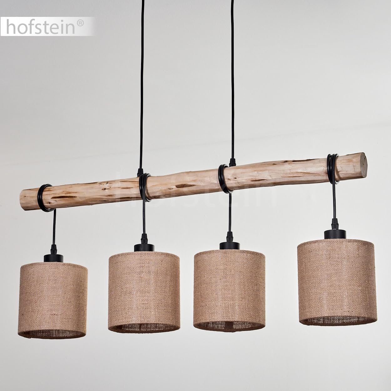 HOFSTEIN Pendelleuchte Soungou, moderne Hängelampe aus Holz/Metall/Leinen in Natur/Schwarz/Beige, 4-flammige Hängeleuchte im skandinavischen Design, Höhe max. 180 cm, E27, Wohnzimmer, Esszimmer, Küche