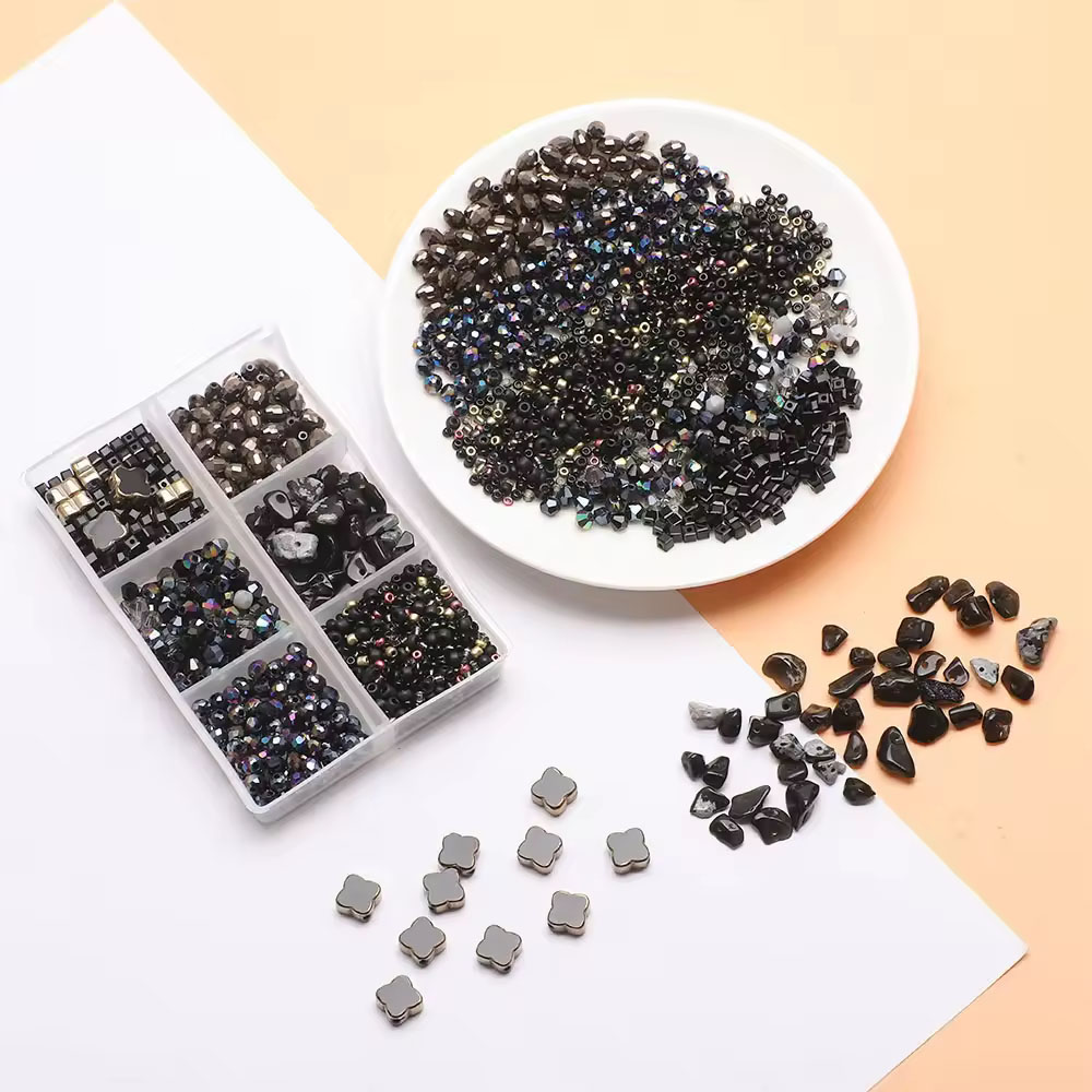 (850er Set) 1-11mm Schimmernde Glas Perlen DIY Bastel Schmuck Zwischenperle für Armband / Kette - Schwarz