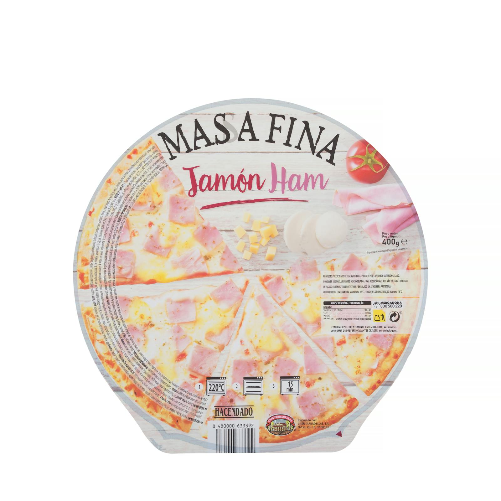 Pizza au jambon à croûte mince Hacendado surgelée