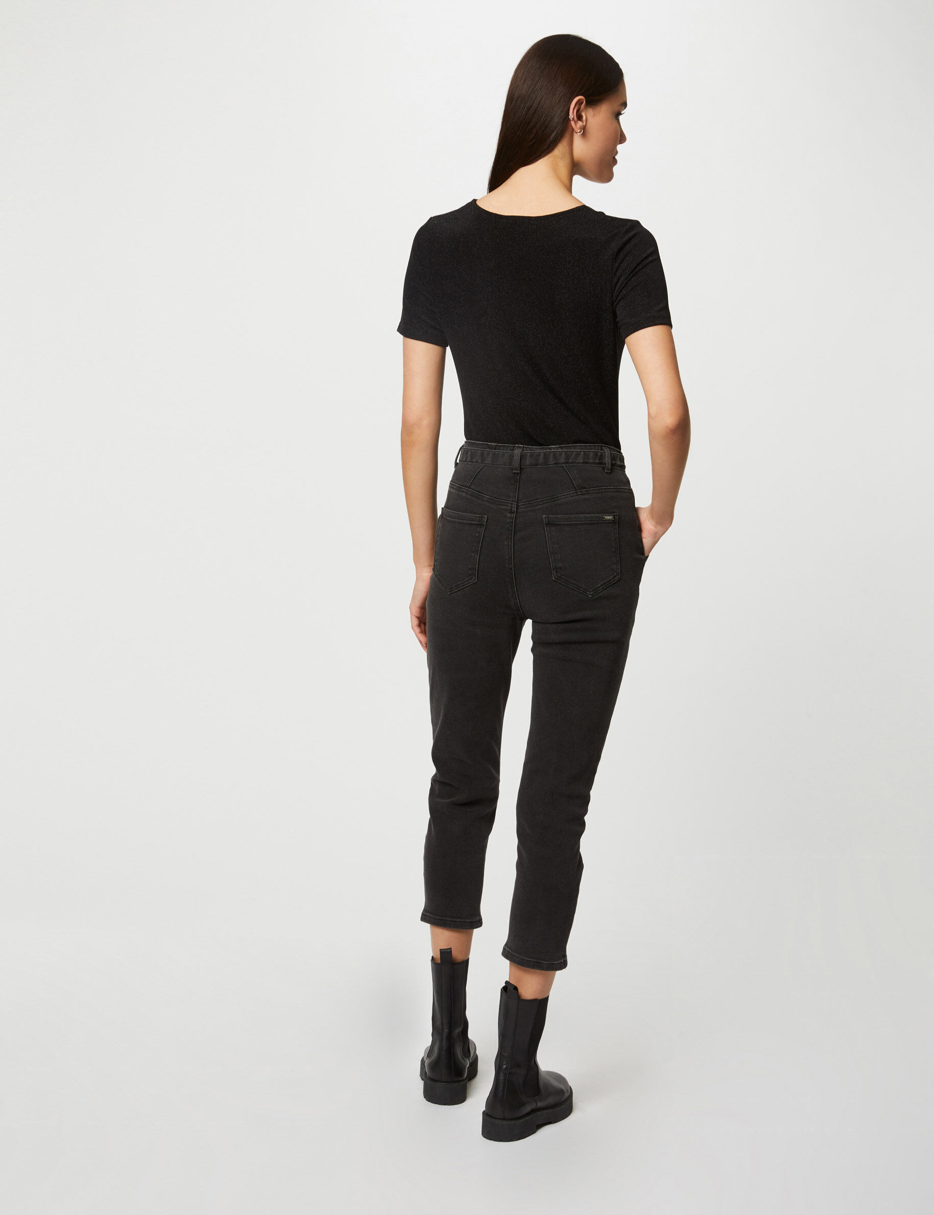 T-shirt manches courtes avec col en V noir femme - noir