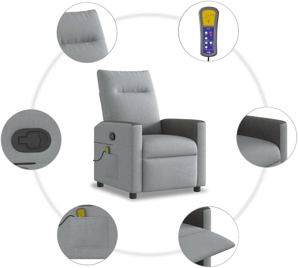 vidaXL Massagesessel Hellgrau Stoff, Massage TV-Sessel, Sessel mit Massagefunktion, Fernsehsessel, Massage Fernsehsessel