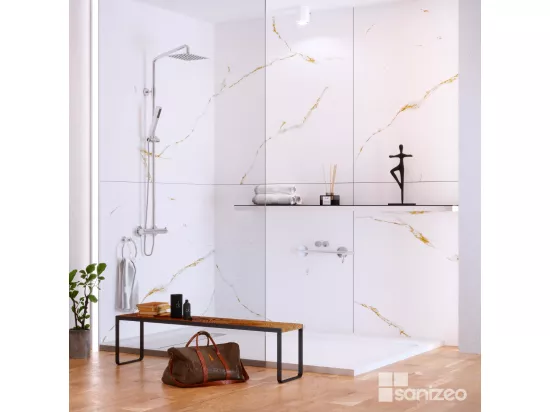 Lot de 2 Panneaux d'Habillage pour Douche et Baignoire, L120*l120*0.4 cm, effet doré, Calacatta GOLD by SANIZÉO