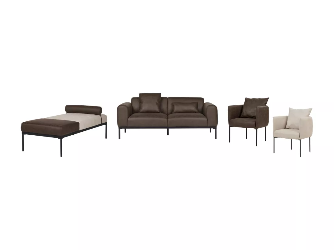 Chaise longue en lin synthétique et en similicuir beige et marron foncé MALMOS