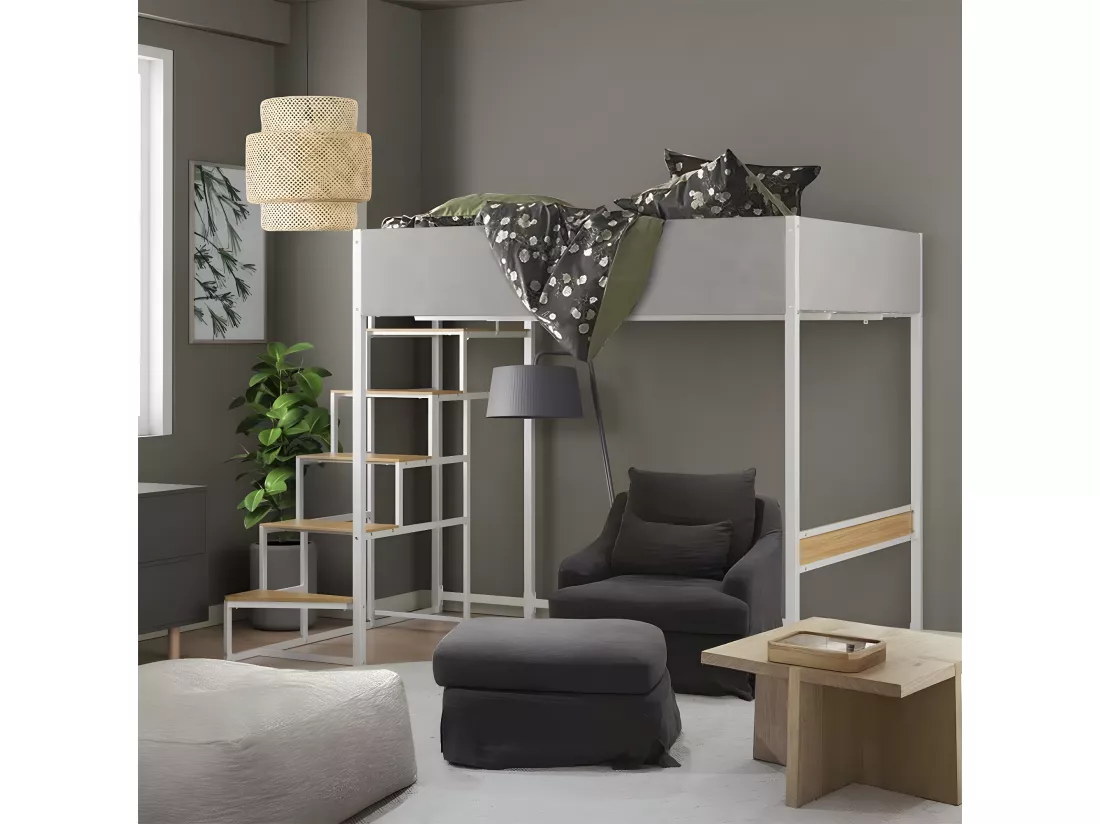 Lit mezzanine avec sommier + escalier en tissu gris clair, métal blanc et mélamine imitation chêne - grand couchage 140x190 cm - DOCKLAND