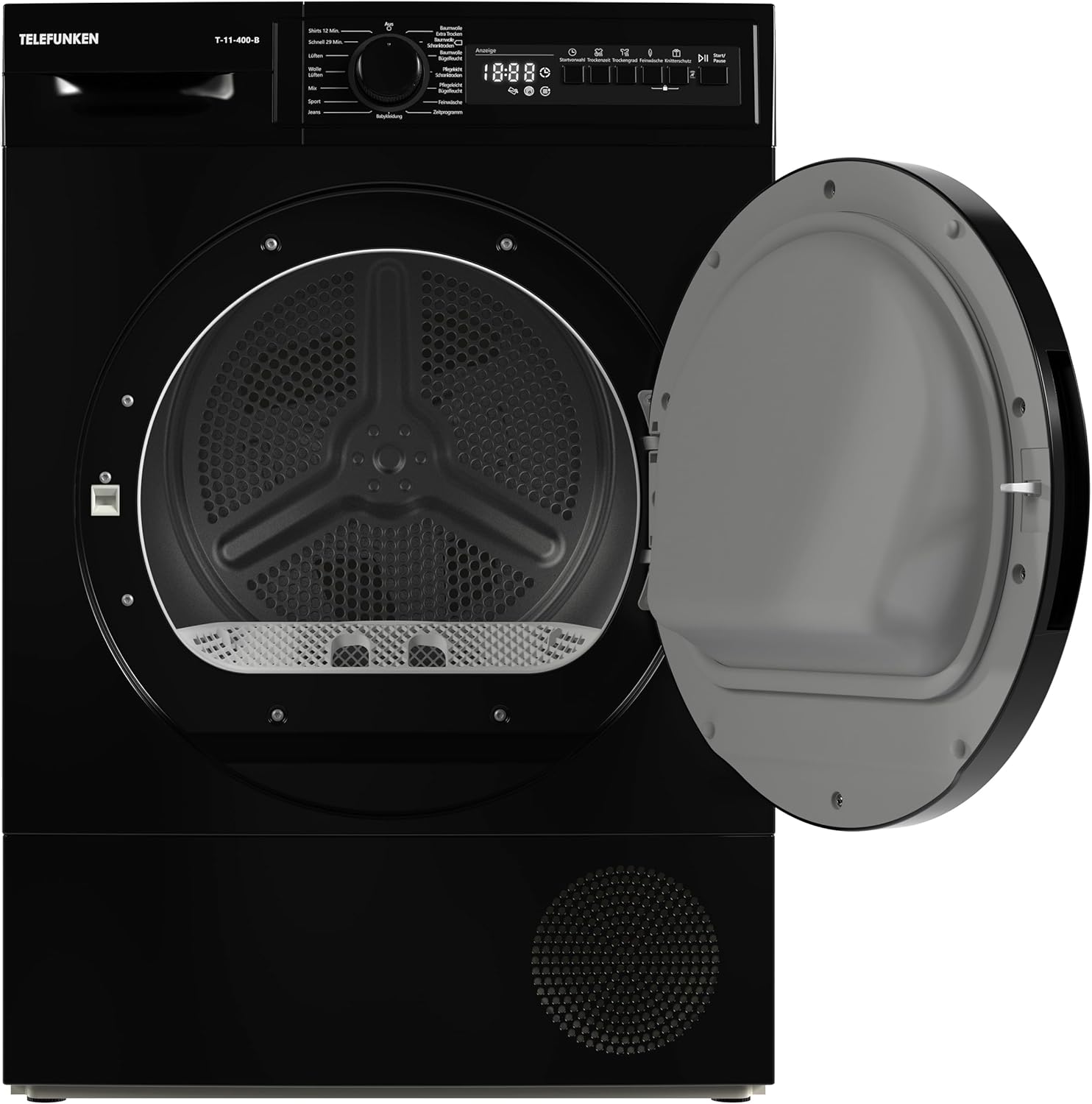 Telefunken T-11-400-B Kondenstrockner / 7kg Trockner mit 15 Programmen, Startzeitvorwahl, Knitterschutz & reversierenden Trommelbewegungen, schwarz