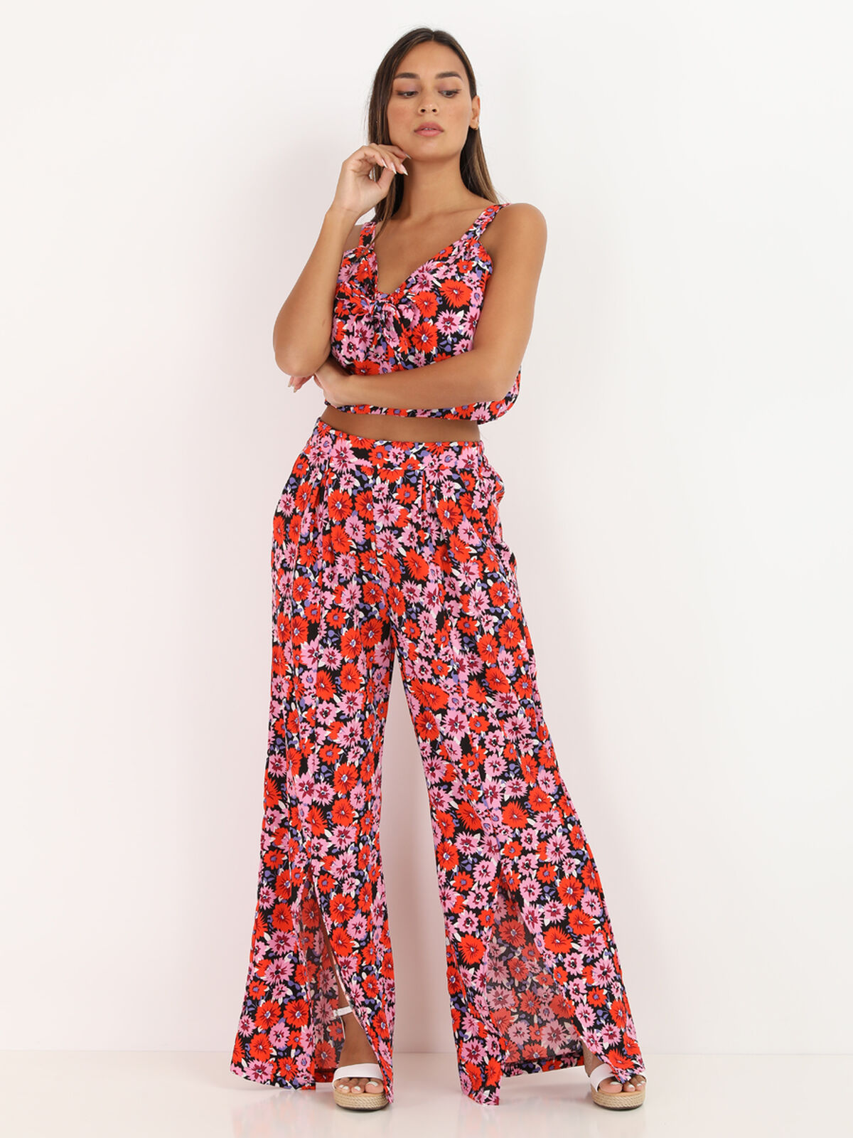 Ensemble pantalon crop top à fleurs- Noir