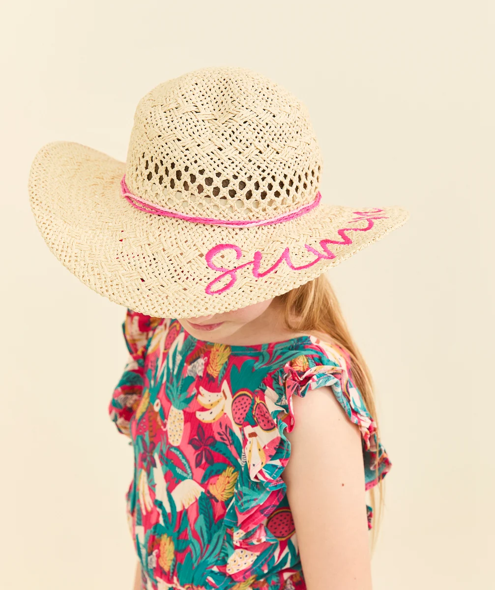 chapeau de paille fille avec broderies roses