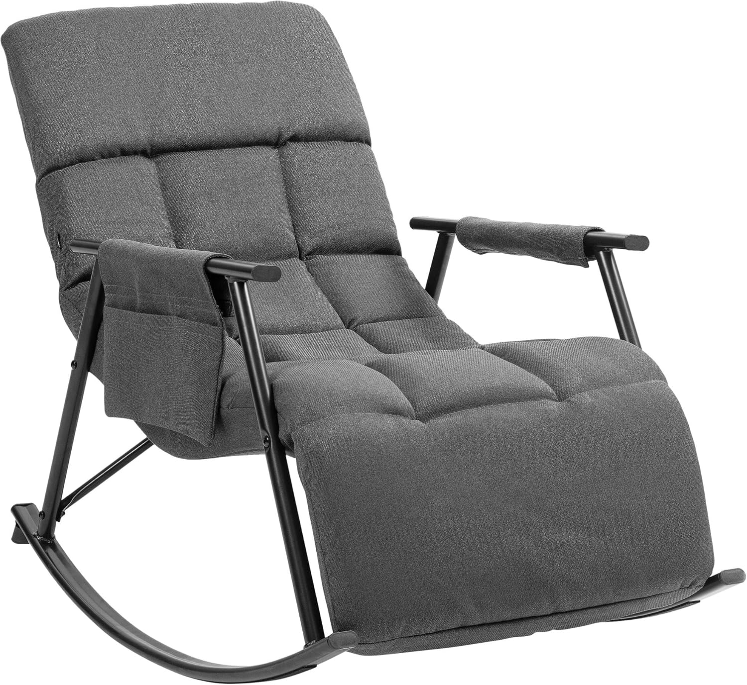 CLP Schaukelstuhl Cathy I Gepolsterter Relaxsessel I Schaukelsessel mit Rückenlehne I Metallgestell mit Armlehnen und Seitentasche, Farbe:dunkelgrau, Material:Stoff