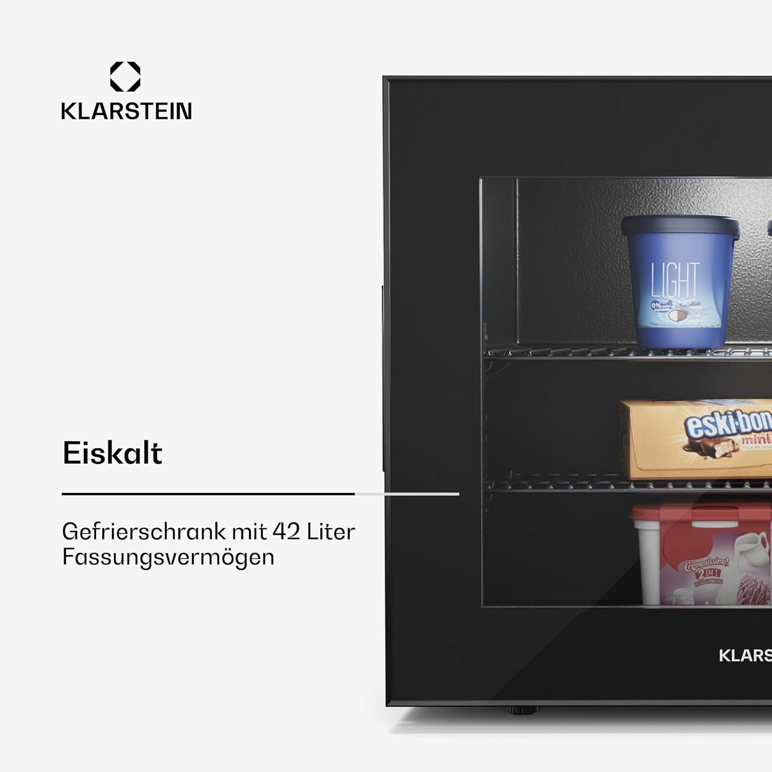 Klarstein IceAge 88 Mini Gefrierschrank, 88 L, Einstellbare Temperatur 0 bis -18 °C, Energieeffizient, LED-Innenbeleuchtung, 3 Einlegeböden, Kompakte Gefriertruhe, Kleine Design-Gefriertruhe, Schwarz