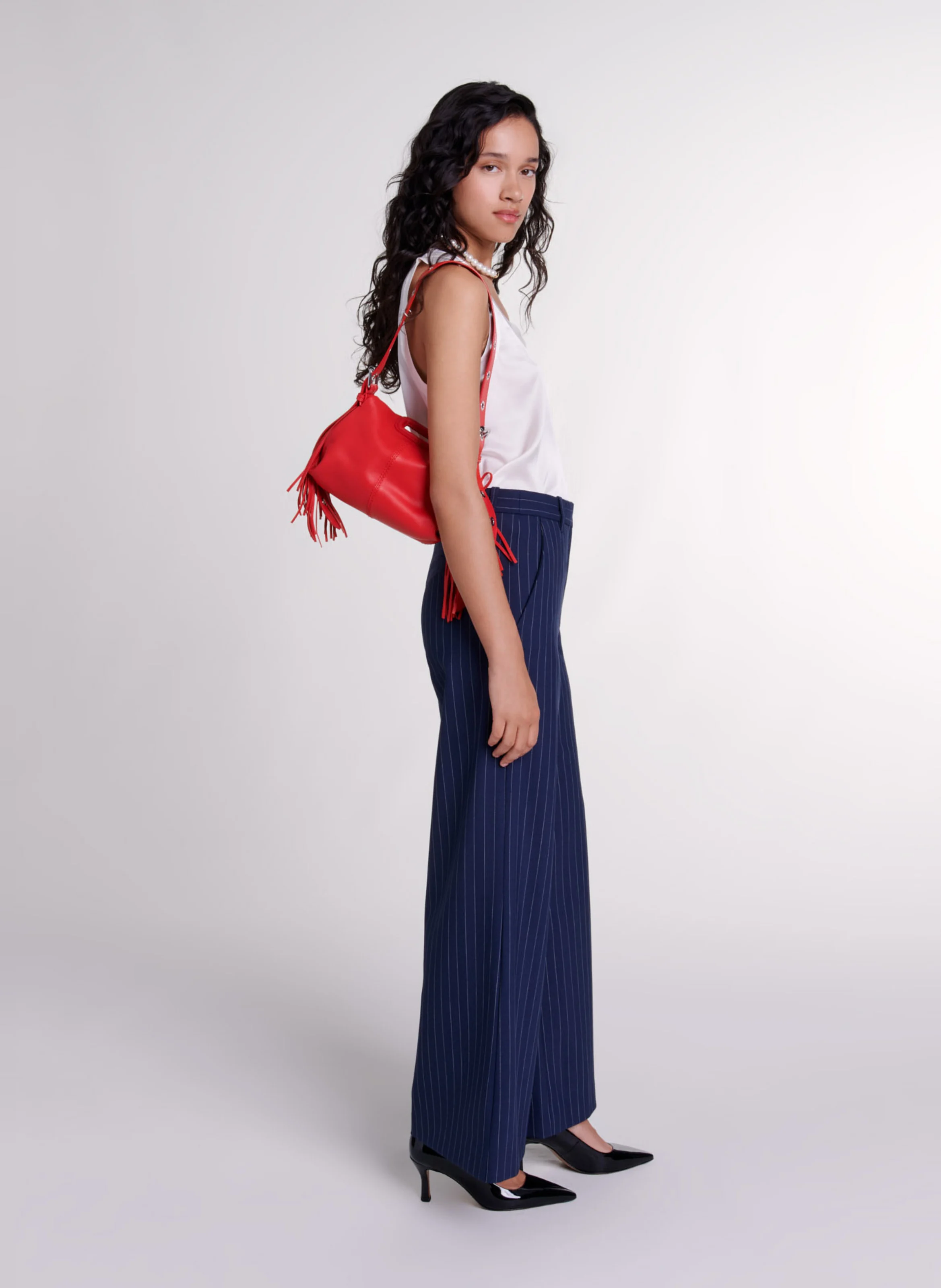 Pantalon large taille haute en laine mélangée rayé | Rayé