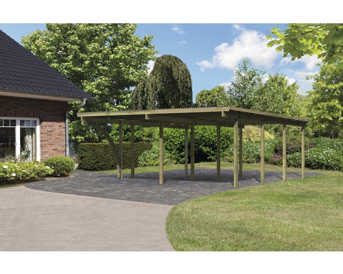 Dubbele carport Karibu Eco 2B van PVC-panelen met 1 inrijboog, zonder beslag, 527x576 cm, drukgeïmpregneerd