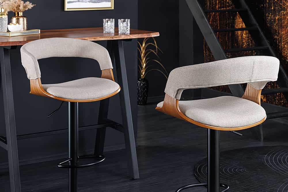 riess-ambiente Barhocker MANHATTAN - Retro beige Strukturstoff Massivholz mit Lehne drehbar höhenverstellbar