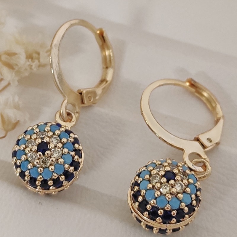 Boucles d'oreilles - Laiton plaqué or, zircon & émail - Motif oeil