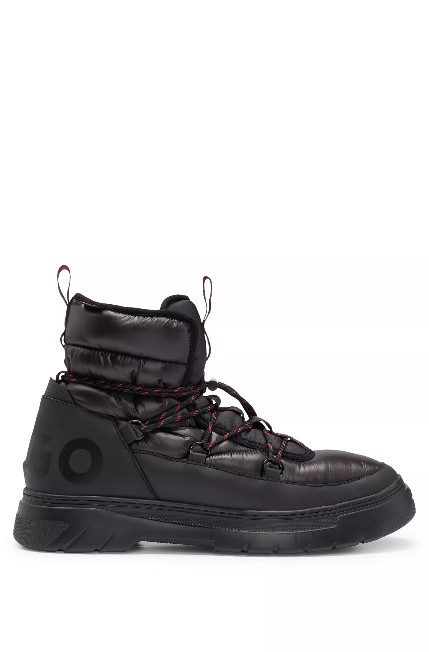 Botas de inverno HUGO vermelhas acolchoadas com detalhes da marca e cadarços estampados.