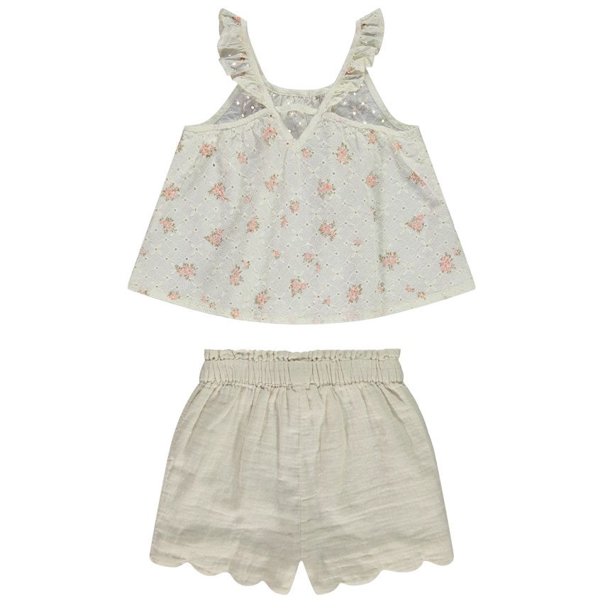 Ensemble short + débardeur en broderie anglaise imprimé fantaisie pour fille - Ecru