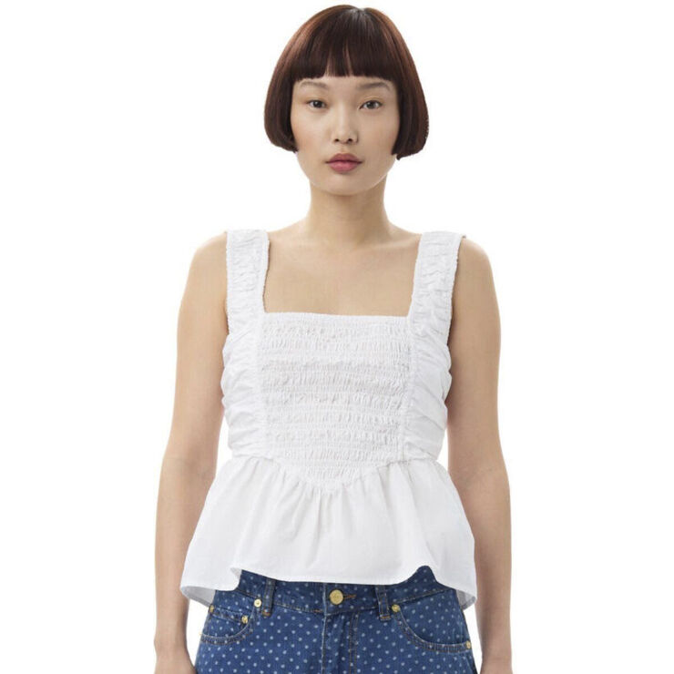 Ganni Cotton Poplin Smock Strap Blouse Bright white