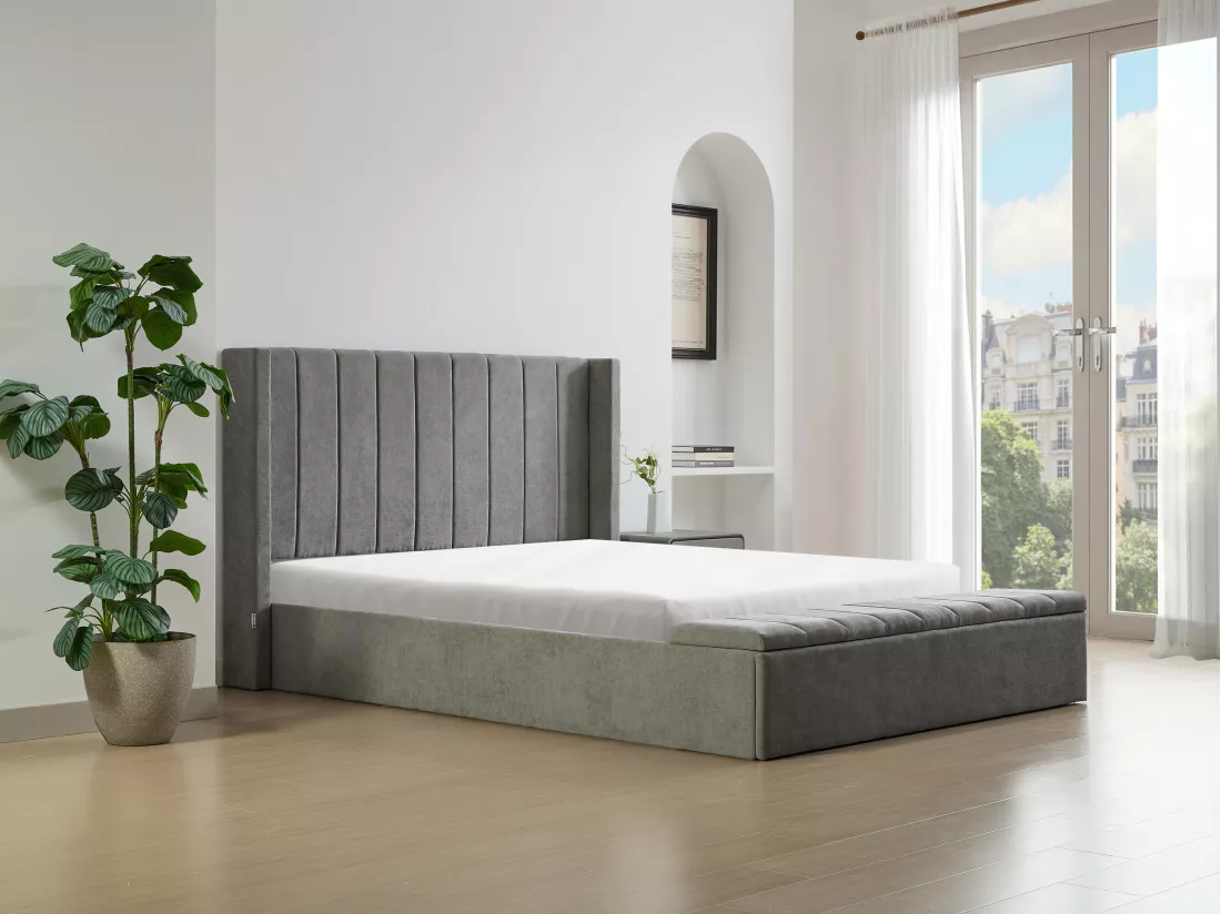 Lit coffre 140 x 190 cm avec banc - Tissu - Gris - DOUINO
